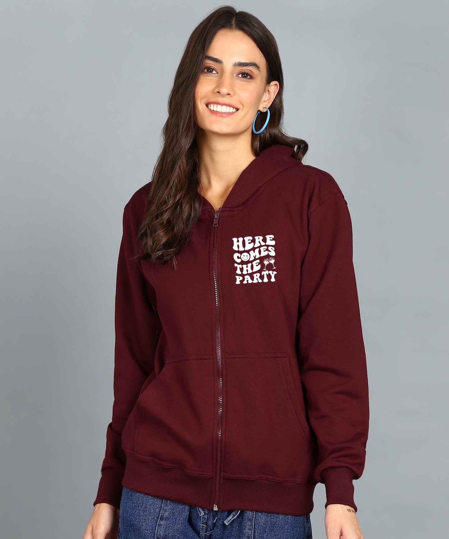 Back Printed Women's Cotton Full Zipper Sweatshirt Hoodies with Kangaroo Pocket Winter Wear Hooded Neck Sweatshirt