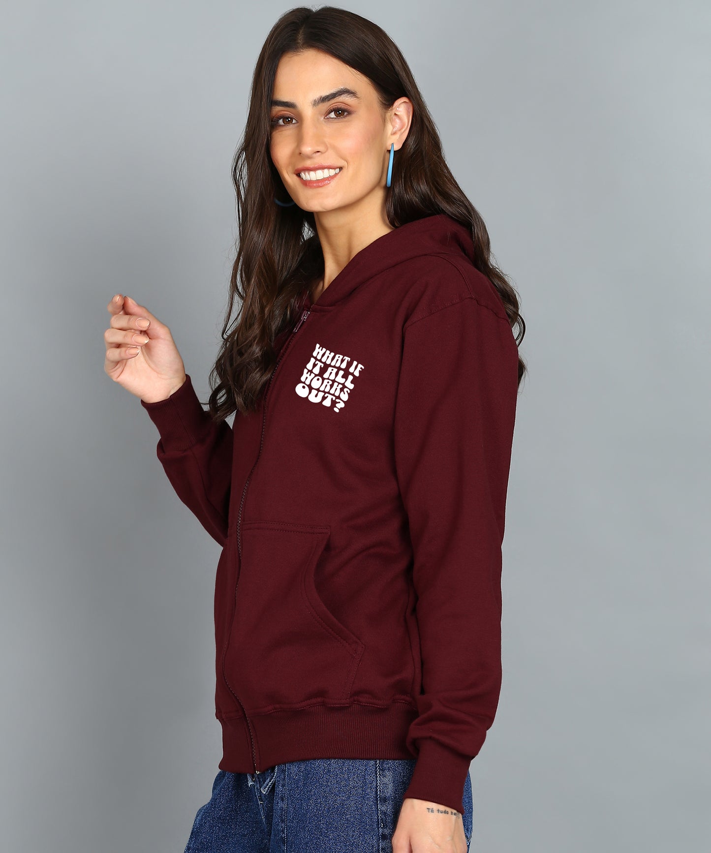 Back Printed Women's Cotton Full Zipper Sweatshirt Hoodies with Kangaroo Pocket Winter Wear Hooded Neck Sweatshirt