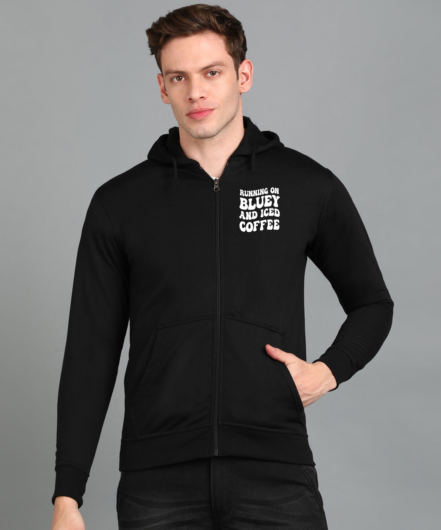 Running on Bluey and Iced Coffee Men’s Zipper Hoodie | Stylish & Cozy