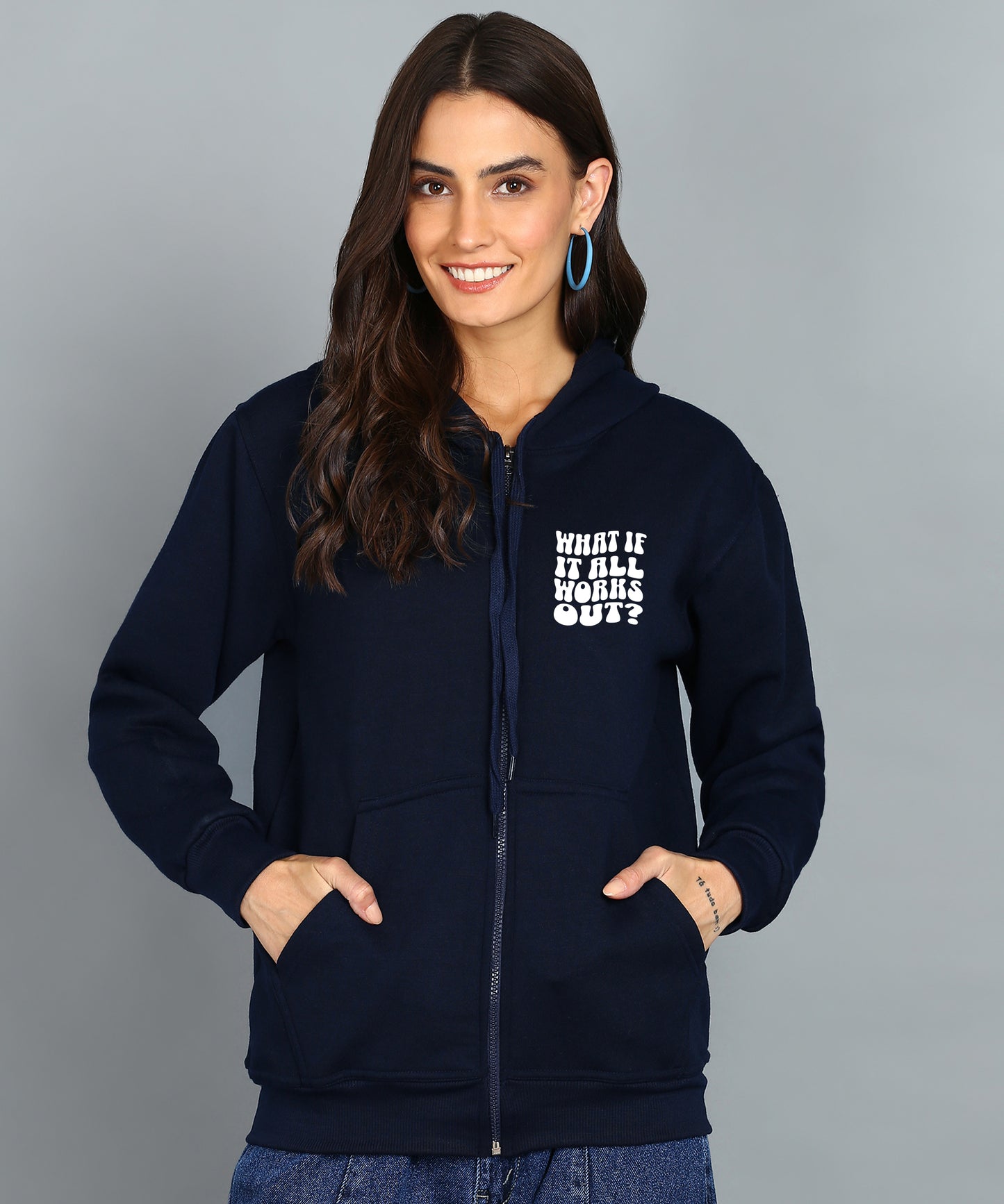 Back Printed Women's Cotton Full Zipper Sweatshirt Hoodies with Kangaroo Pocket Winter Wear Hooded Neck Sweatshirt