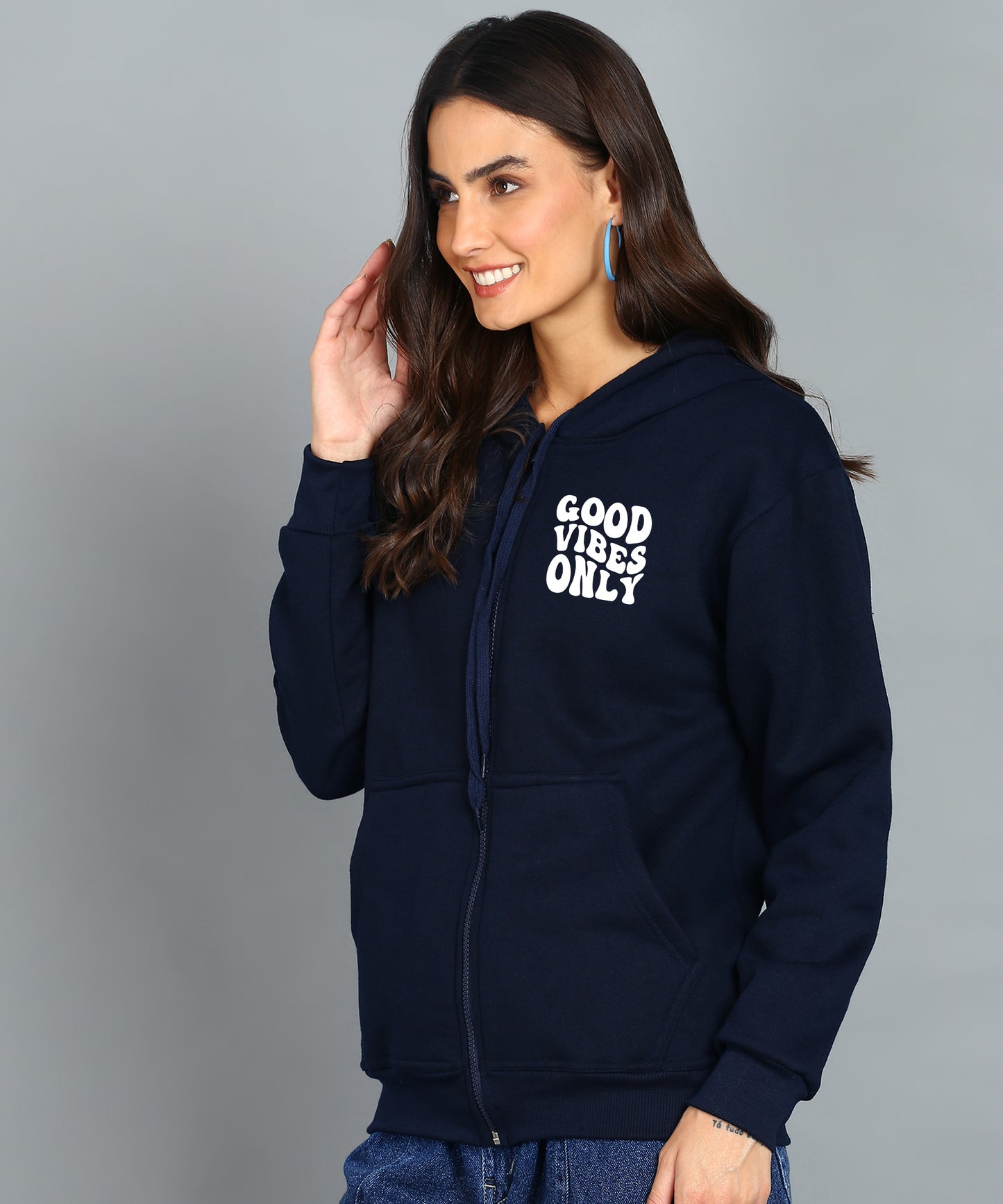 Back Printed Women's Cotton Full Zipper Sweatshirt Hoodies with Kangaroo Pocket Winter Wear Hooded Neck Sweatshirt