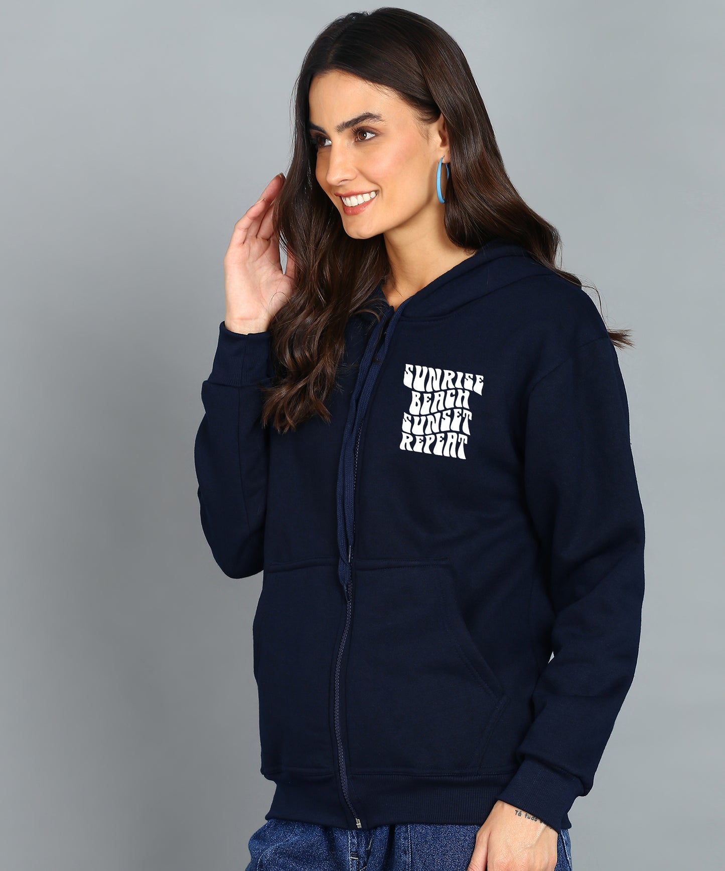 Back Printed Women's Cotton Full Zipper Sweatshirt Hoodies with Kangaroo Pocket Winter Wear Hooded Neck Sweatshirt