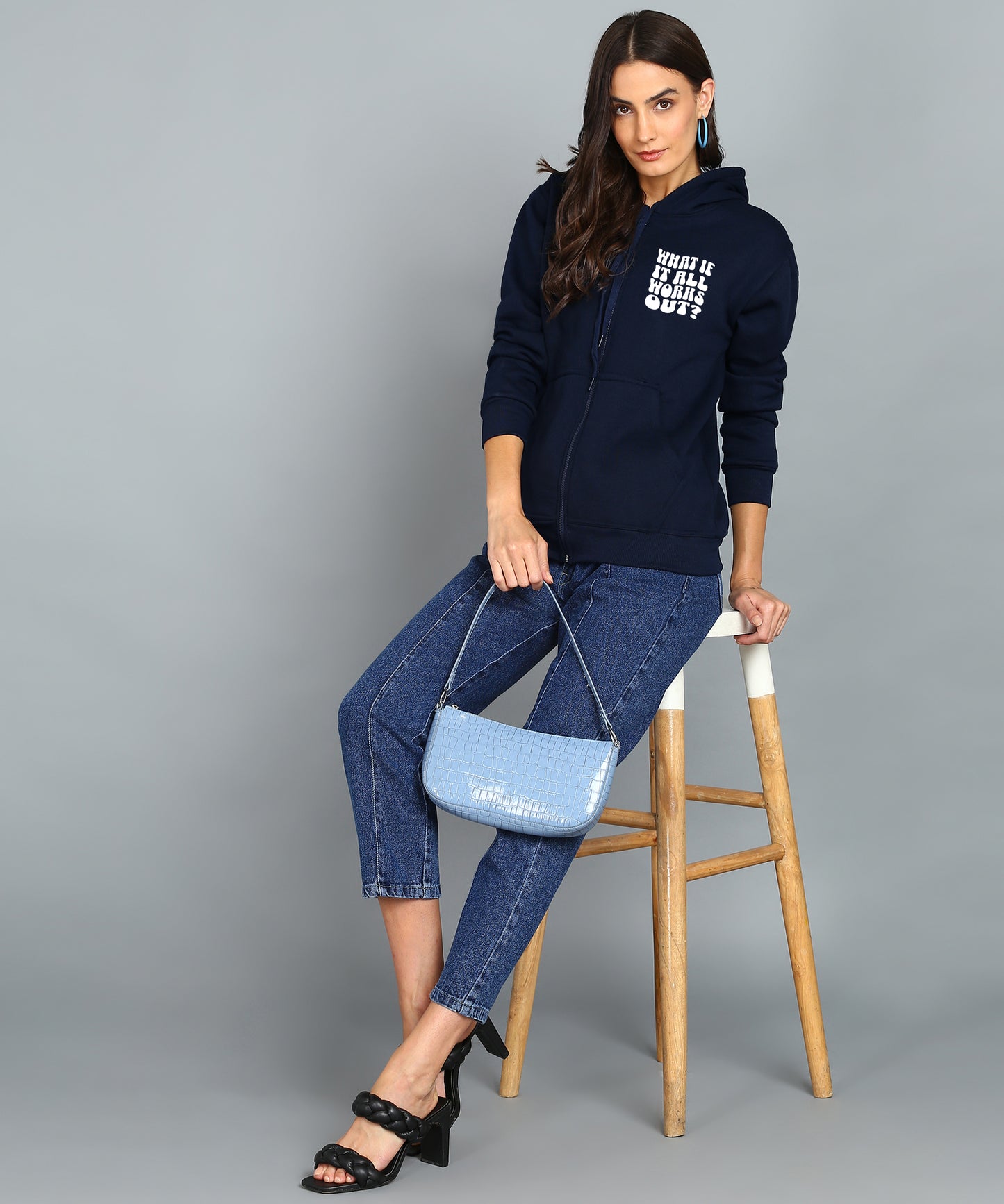 Back Printed Women's Cotton Full Zipper Sweatshirt Hoodies with Kangaroo Pocket Winter Wear Hooded Neck Sweatshirt