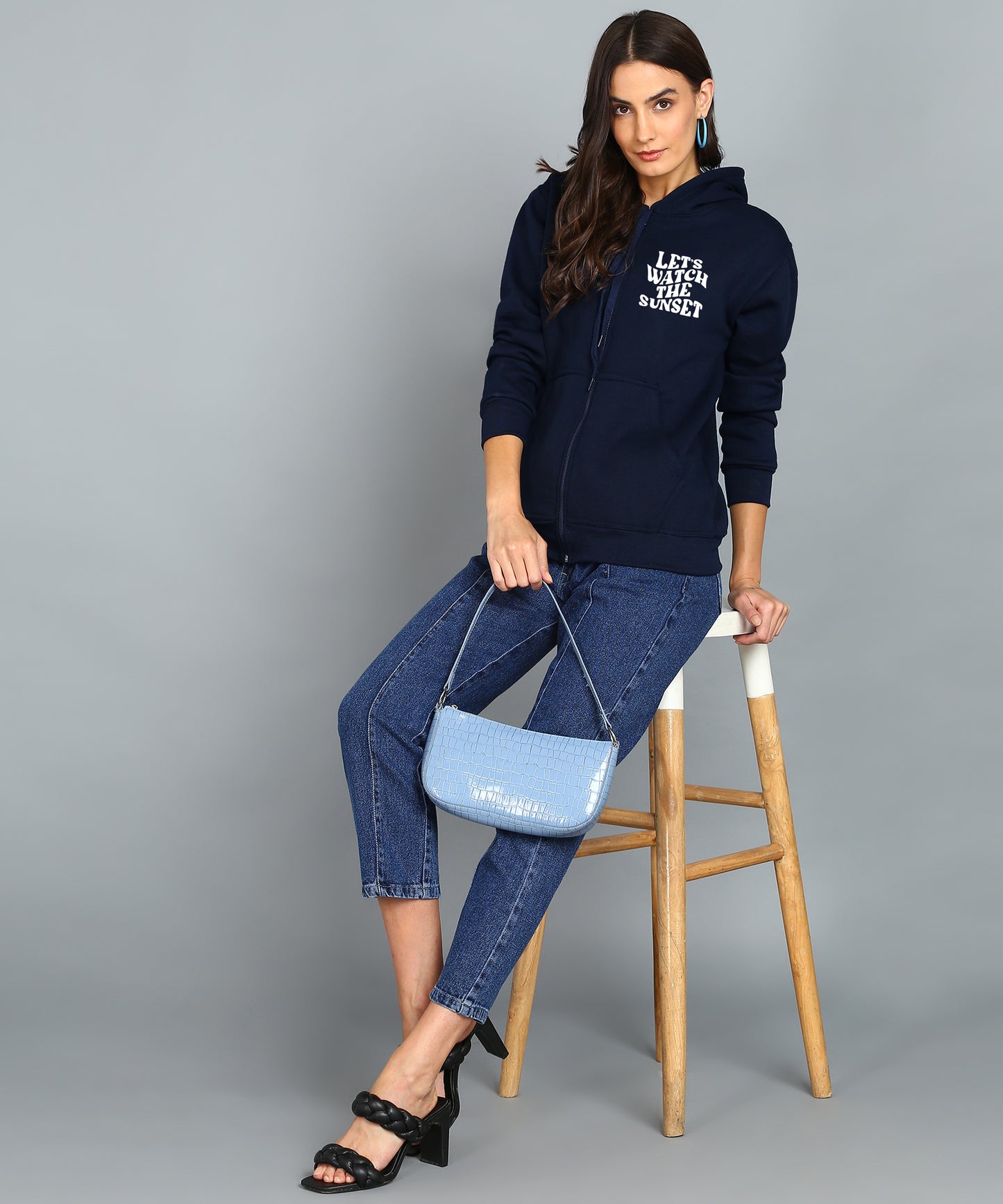 Back Printed Women's Cotton Full Zipper Sweatshirt Hoodies with Kangaroo Pocket Winter Wear Hooded Neck Sweatshirt