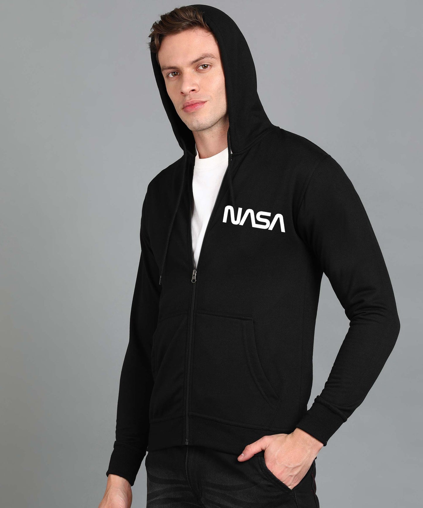 New Nasa Printed Men Winter Full Sleeve Zipper Hooded Hoodie with 2 Kangaroo Pockets