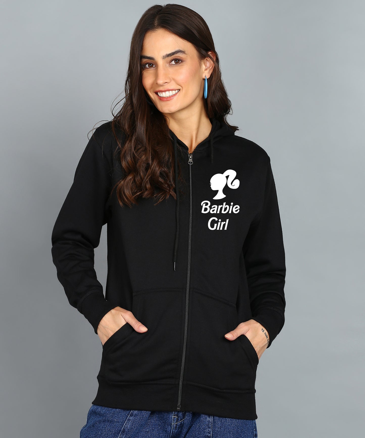 Back Printed Women's Cotton Full Zipper Sweatshirt Hoodies with Kangaroo Pocket Winter Wear Hooded Neck Sweatshirt