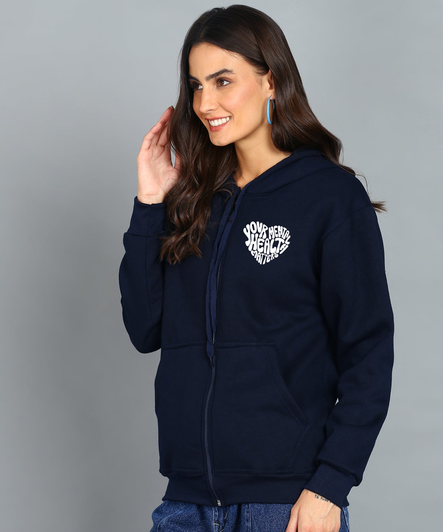 Back Printed Women's Cotton Full Zipper Sweatshirt Hoodies with Kangaroo Pocket Winter Wear Hooded Neck Sweatshirt