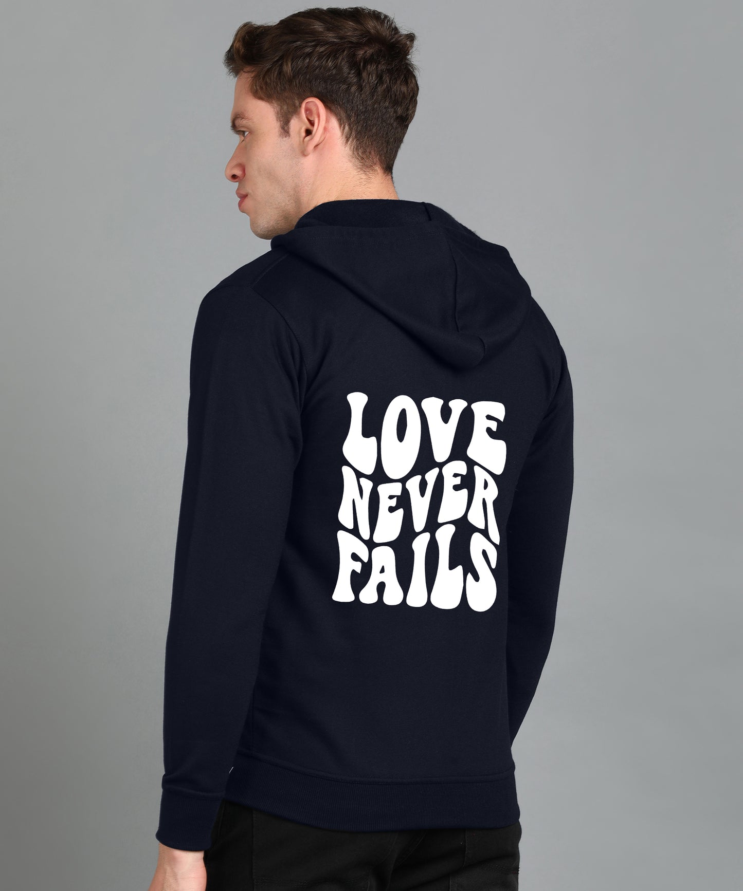 Love Never Fails Men's Back Printed Zipper Hoodie