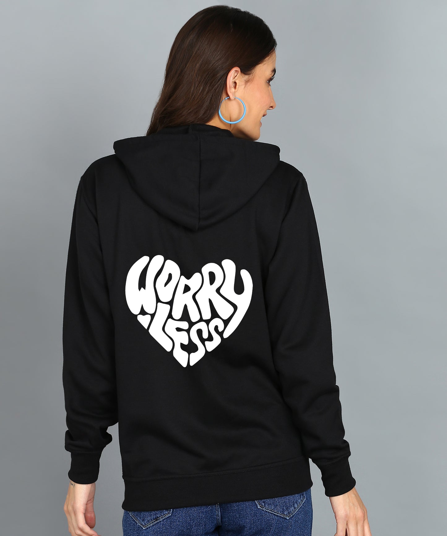 Worry Less Printed Zipper Hooded Hoodie for Women