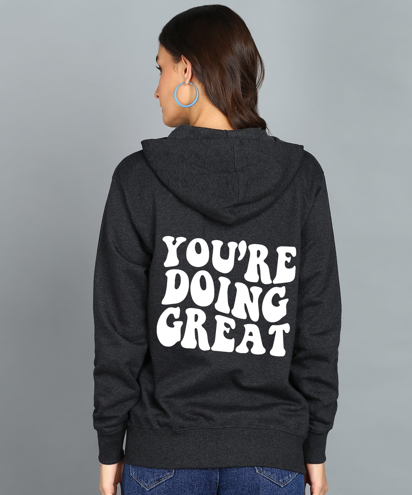 Back Printed Women's Cotton Full Zipper Sweatshirt Hoodies with Kangaroo Pocket Winter Wear Hooded Neck Sweatshirt