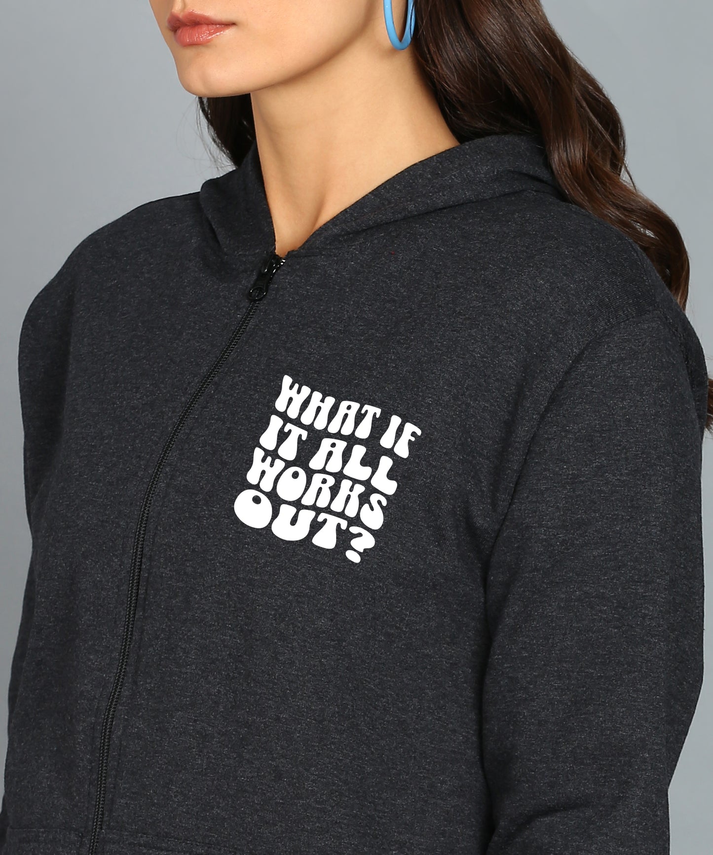 Back Printed Women's Cotton Full Zipper Sweatshirt Hoodies with Kangaroo Pocket Winter Wear Hooded Neck Sweatshirt