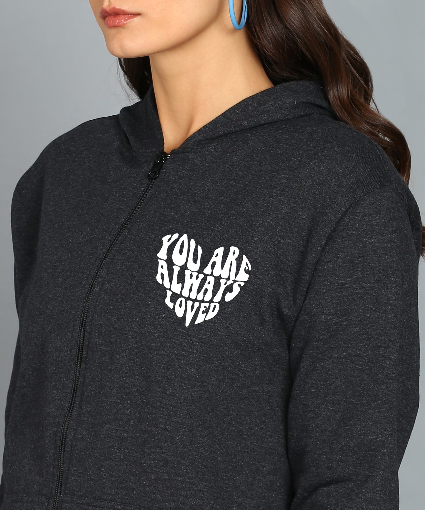 Back Printed Women's Cotton Full Zipper Sweatshirt Hoodies with Kangaroo Pocket Winter Wear Hooded Neck Sweatshirt