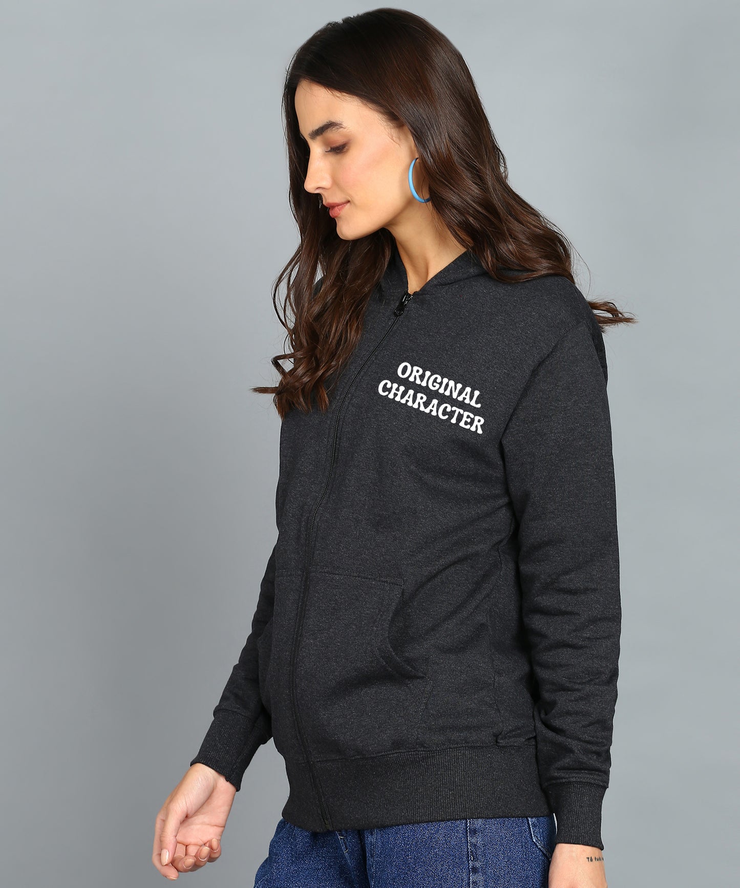 Back Printed Women's Cotton Full Zipper Sweatshirt Hoodies with Kangaroo Pocket Winter Wear Hooded Neck Sweatshirt