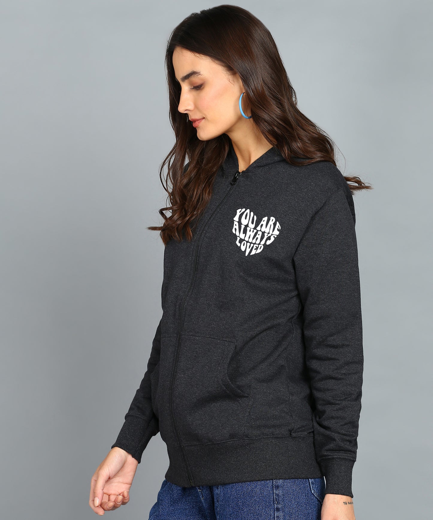 Back Printed Women's Cotton Full Zipper Sweatshirt Hoodies with Kangaroo Pocket Winter Wear Hooded Neck Sweatshirt