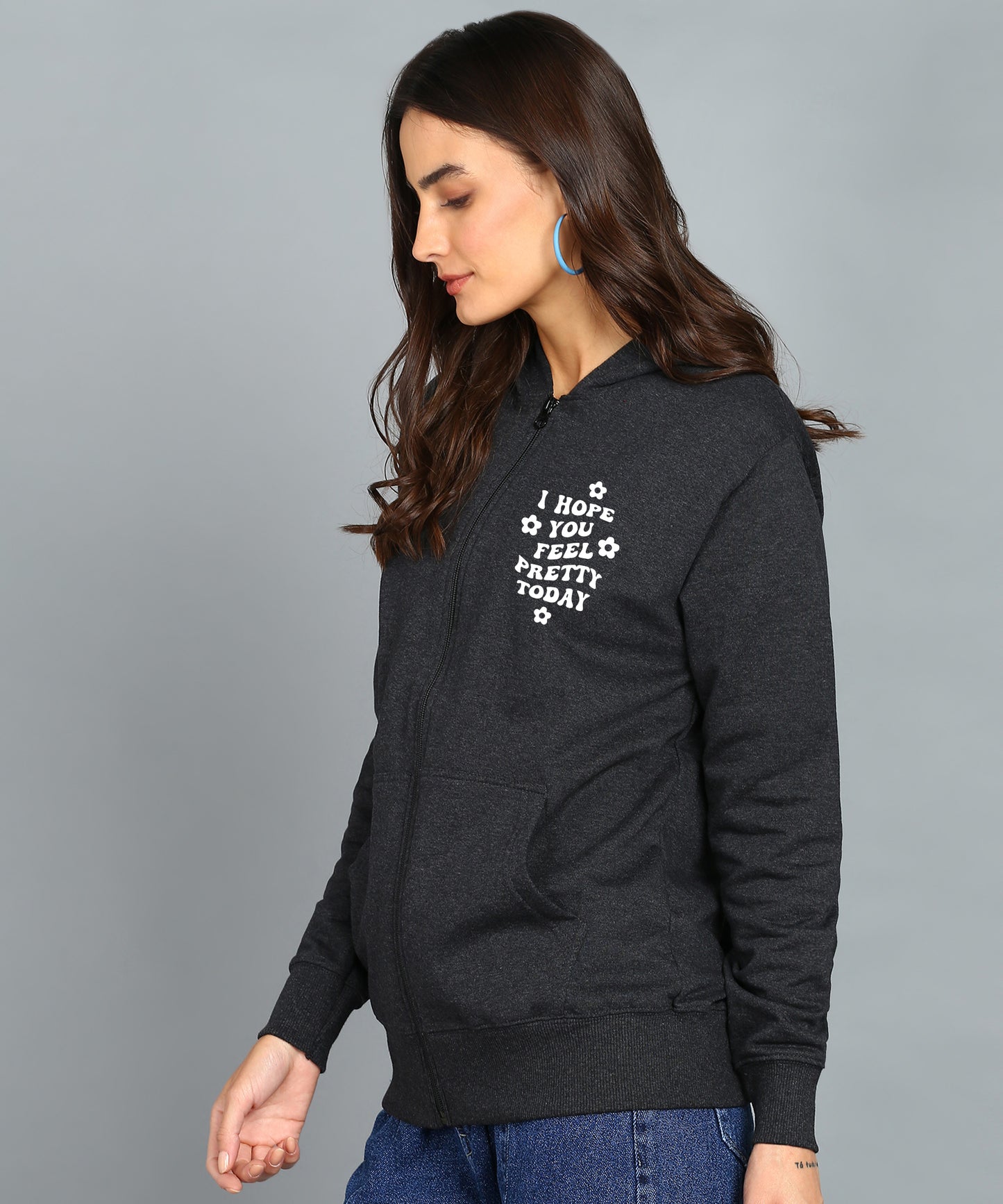 Back Printed Women's Cotton Full Zipper Sweatshirt Hoodies with Kangaroo Pocket Winter Wear Hooded Neck Sweatshirt