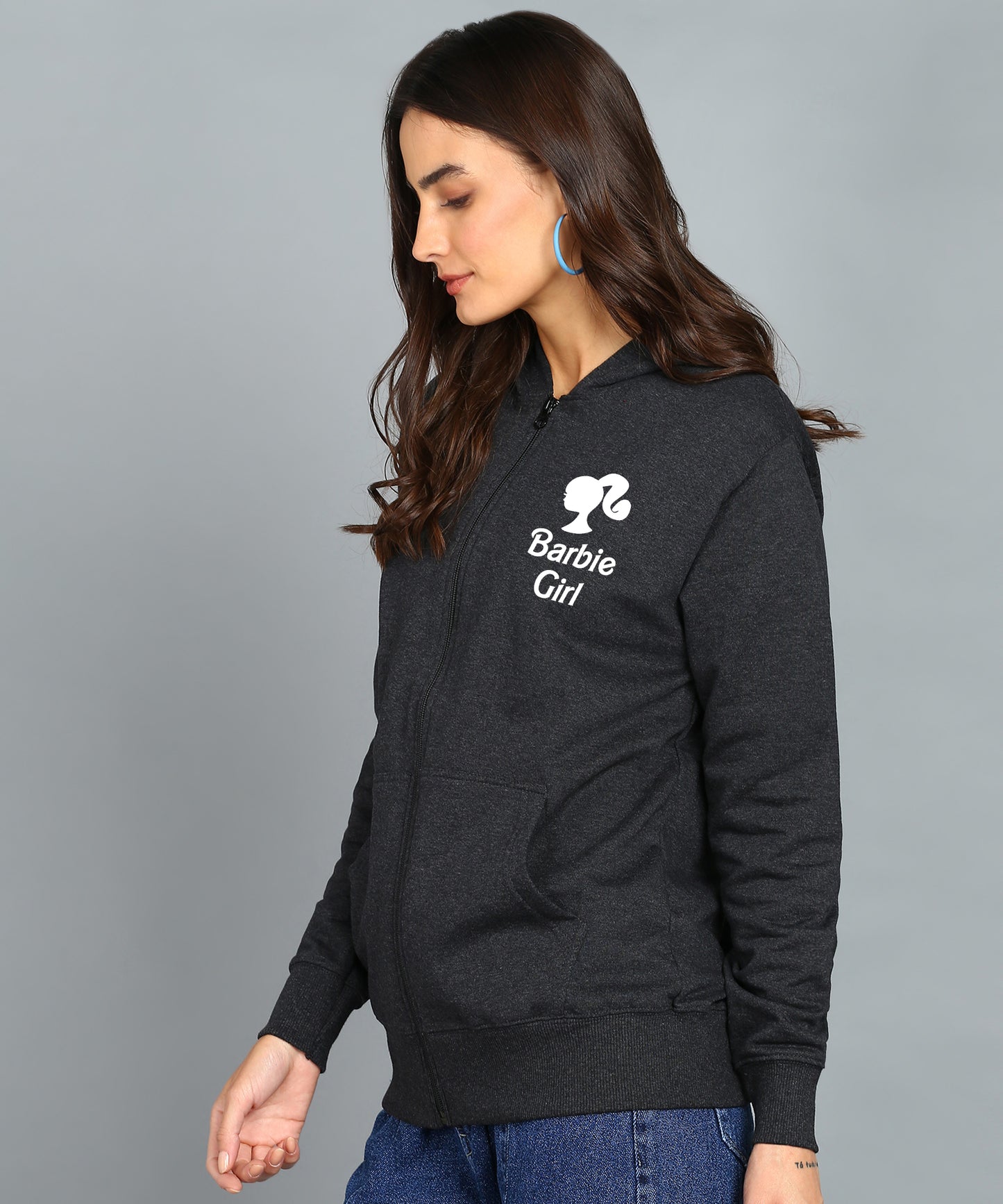 Back Printed Women's Cotton Full Zipper Sweatshirt Hoodies with Kangaroo Pocket Winter Wear Hooded Neck Sweatshirt