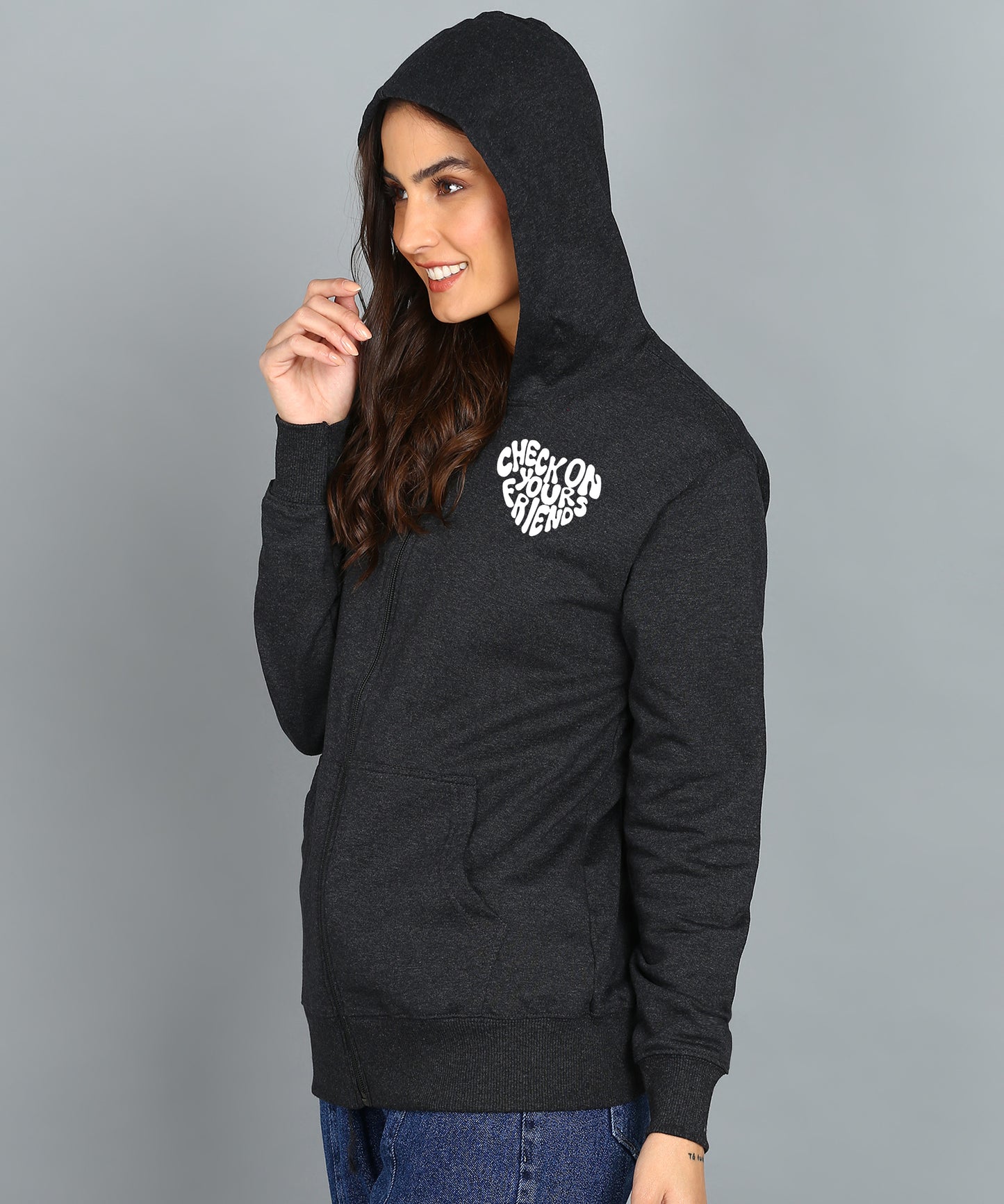 Back Printed Women's Cotton Full Zipper Sweatshirt Hoodies with Kangaroo Pocket Winter Wear Hooded Neck Sweatshirt