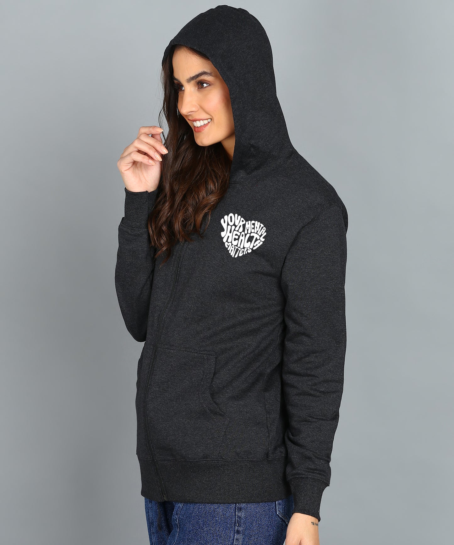 Back Printed Women's Cotton Full Zipper Sweatshirt Hoodies with Kangaroo Pocket Winter Wear Hooded Neck Sweatshirt