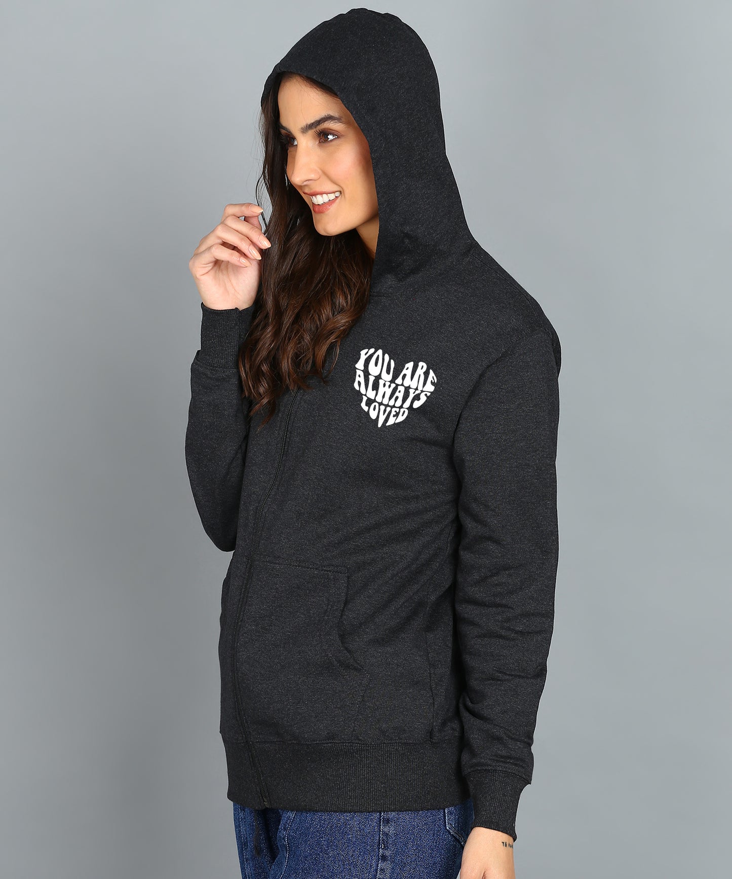 Back Printed Women's Cotton Full Zipper Sweatshirt Hoodies with Kangaroo Pocket Winter Wear Hooded Neck Sweatshirt