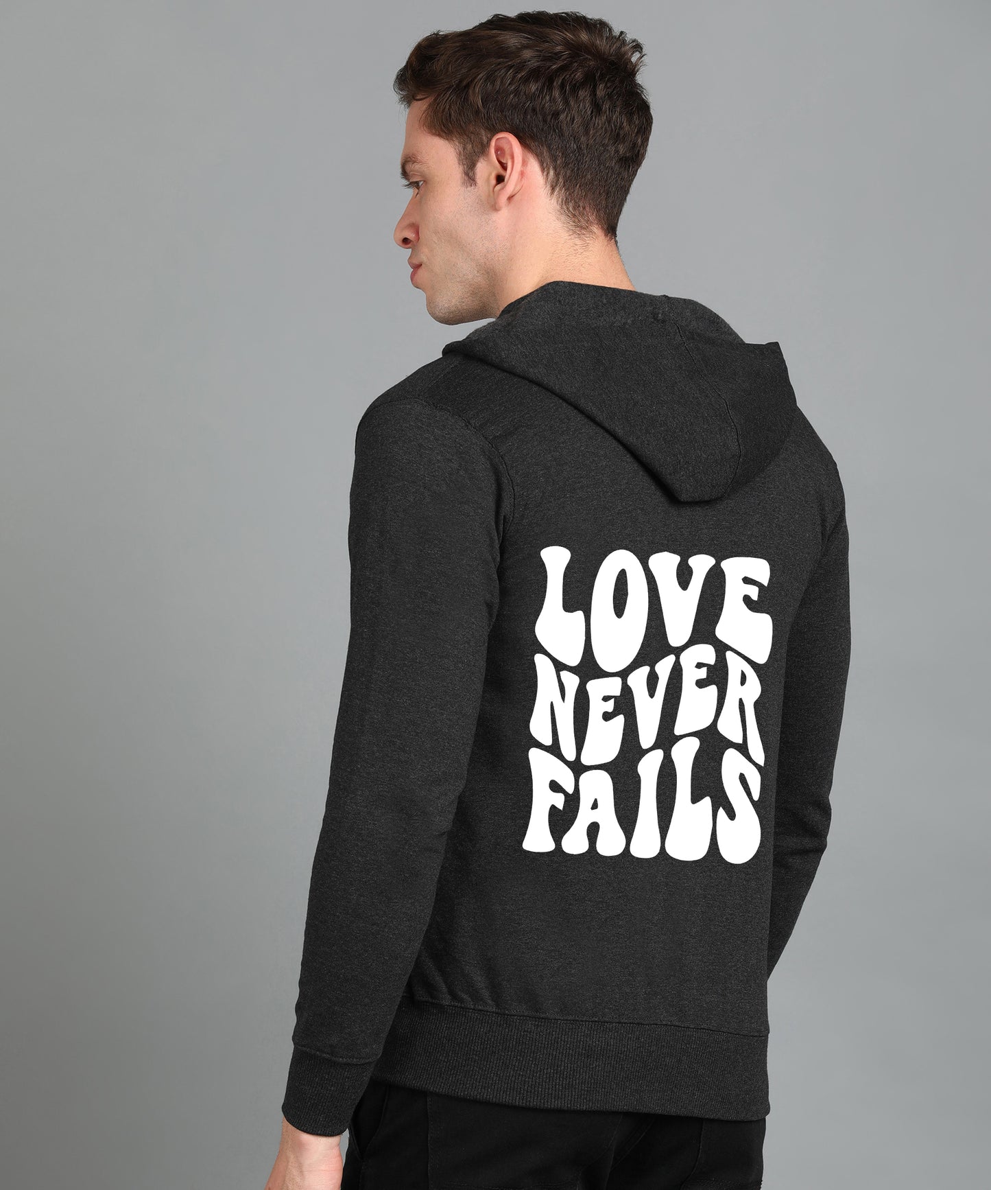 Love Never Fails Men's Back Printed Zipper Hoodie