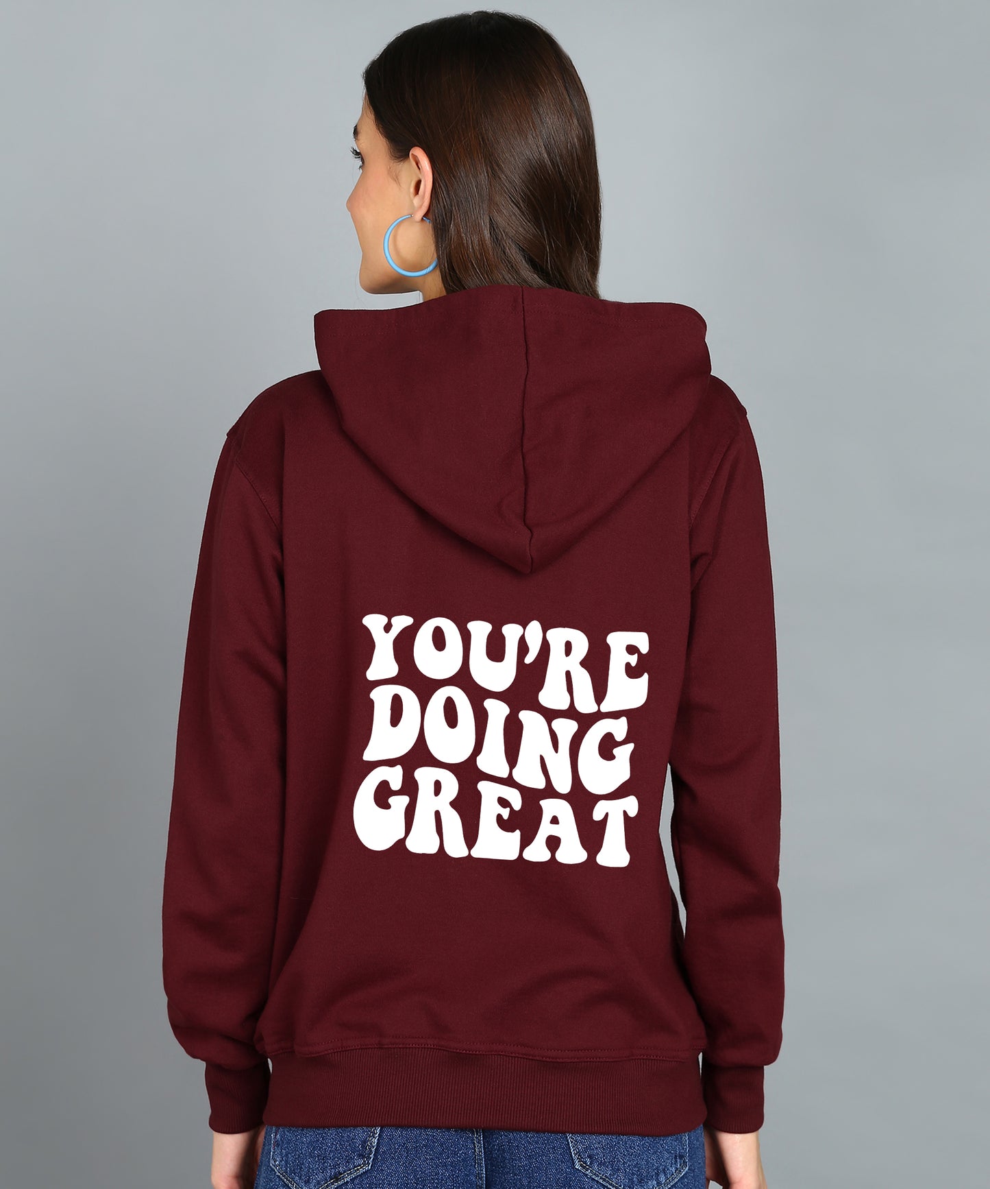 Back Printed Women's Cotton Full Zipper Sweatshirt Hoodies with Kangaroo Pocket Winter Wear Hooded Neck Sweatshirt