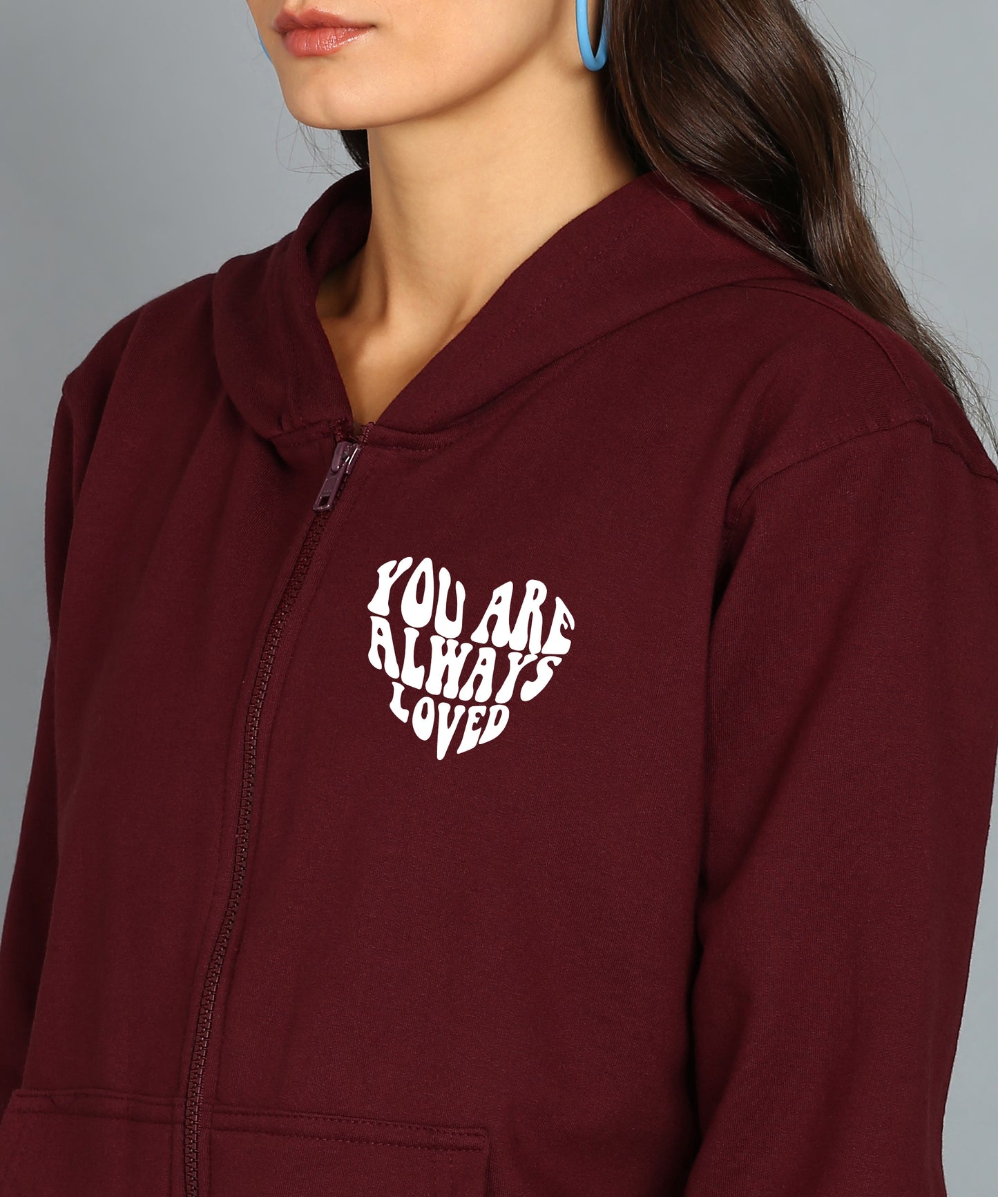 Back Printed Women's Cotton Full Zipper Sweatshirt Hoodies with Kangaroo Pocket Winter Wear Hooded Neck Sweatshirt