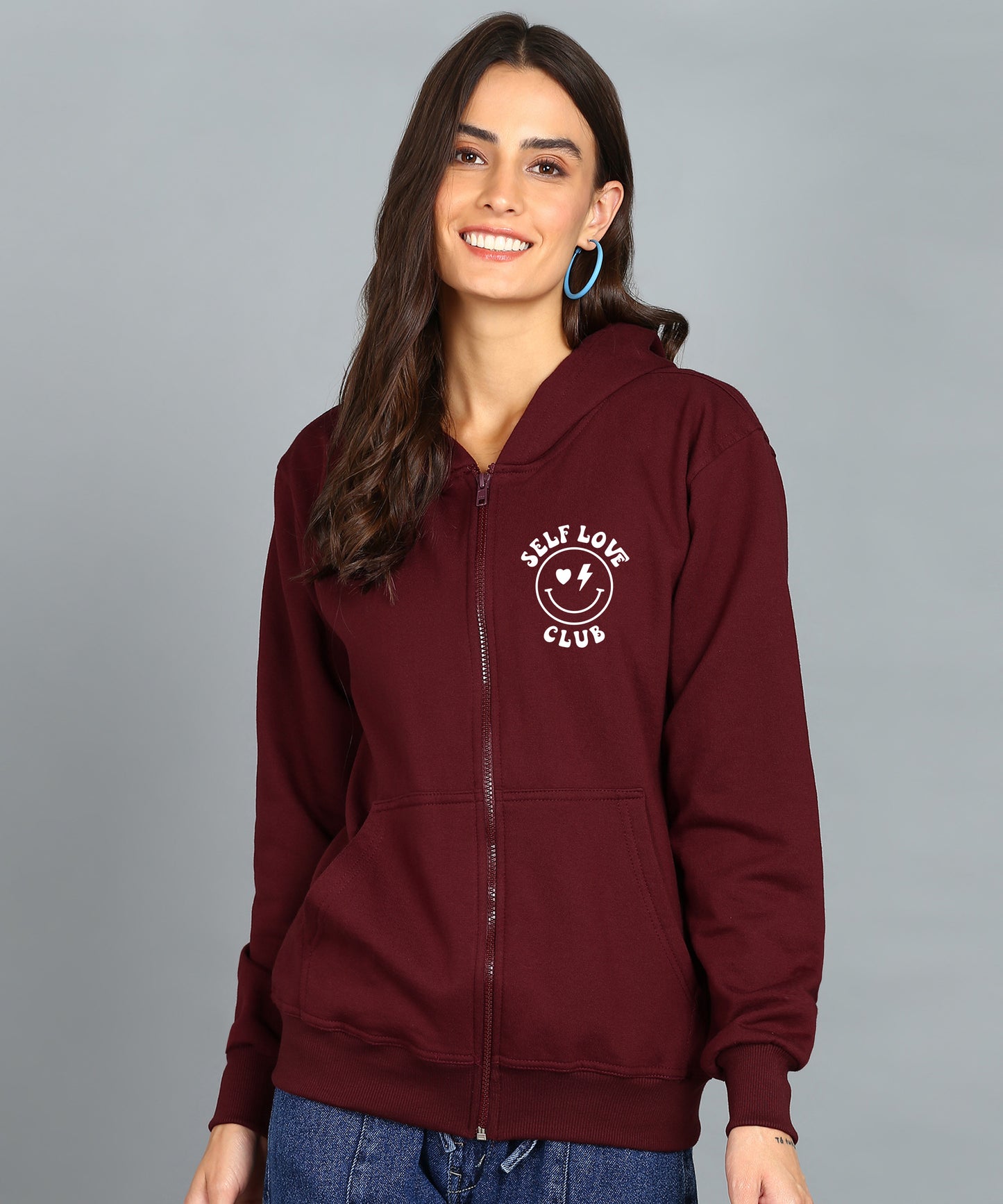 Back Printed Women's Cotton Full Zipper Sweatshirt Hoodies with Kangaroo Pocket Winter Wear Hooded Neck Sweatshirt
