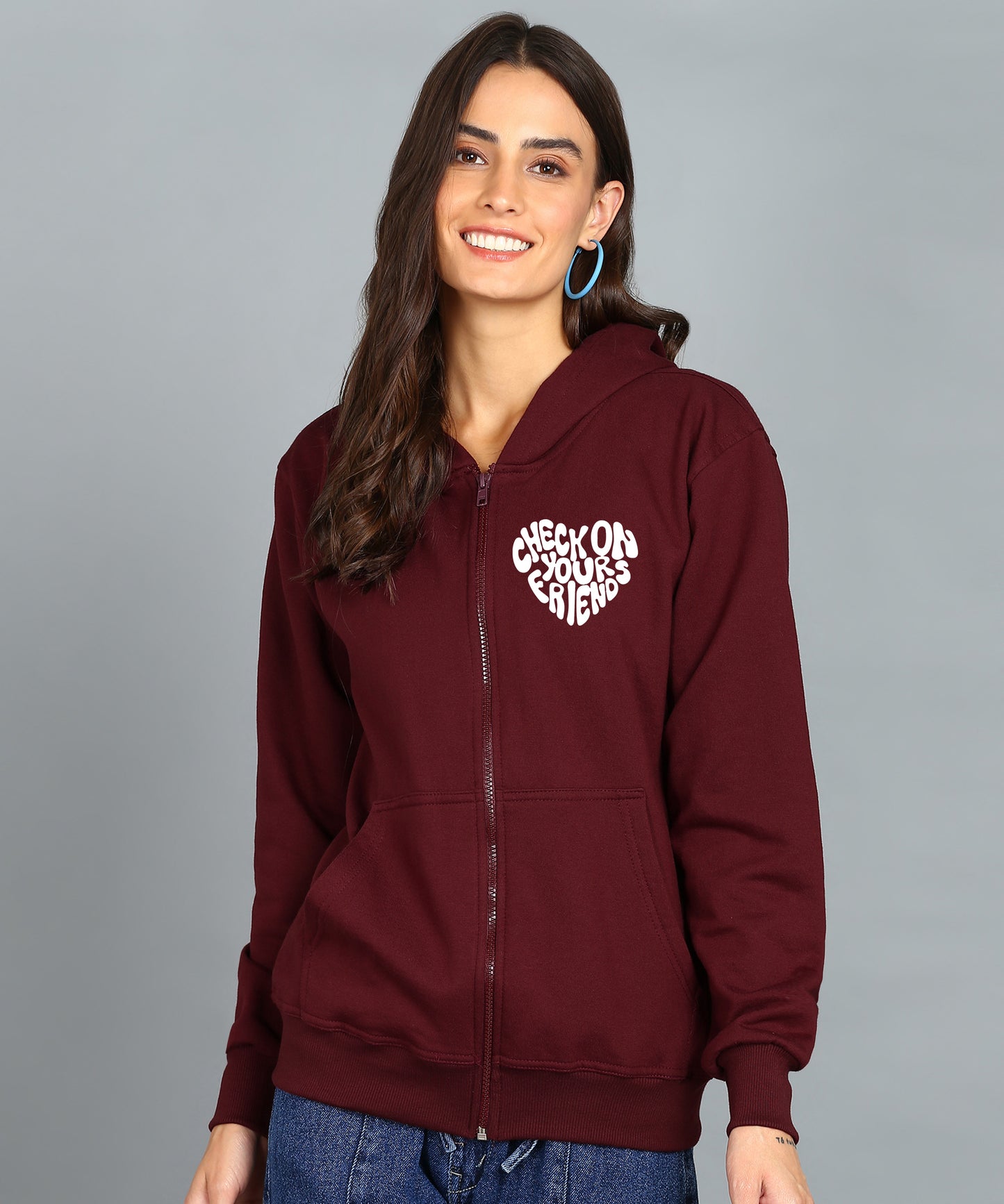 Back Printed Women's Cotton Full Zipper Sweatshirt Hoodies with Kangaroo Pocket Winter Wear Hooded Neck Sweatshirt