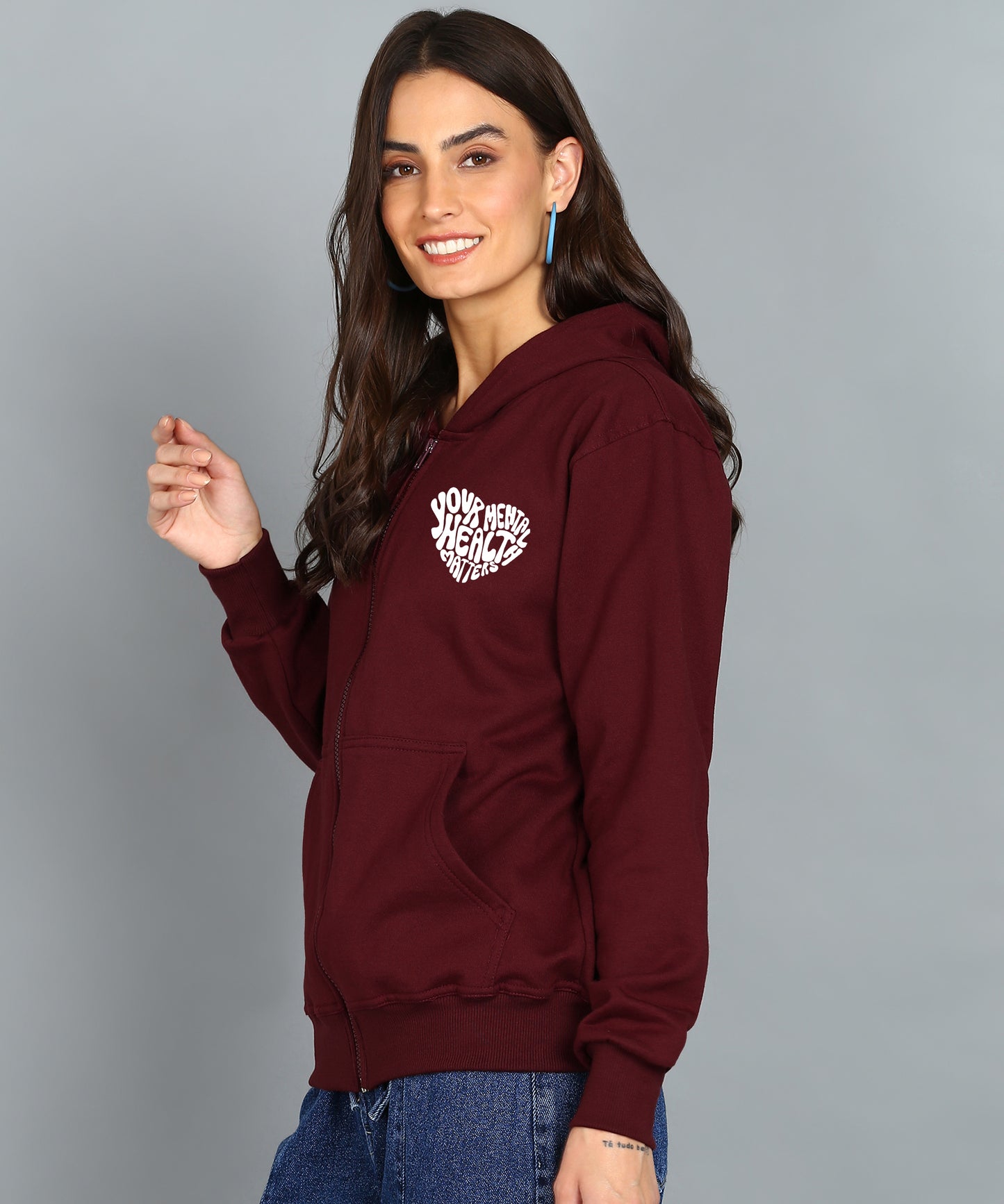 Back Printed Women's Cotton Full Zipper Sweatshirt Hoodies with Kangaroo Pocket Winter Wear Hooded Neck Sweatshirt