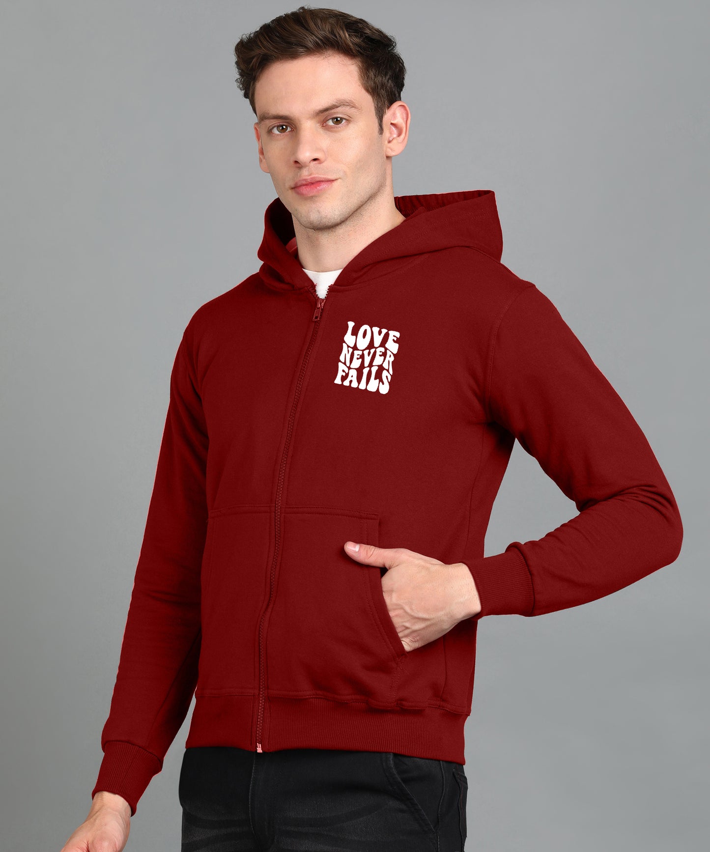 Love Never Fails Men's Back Printed Zipper Hoodie