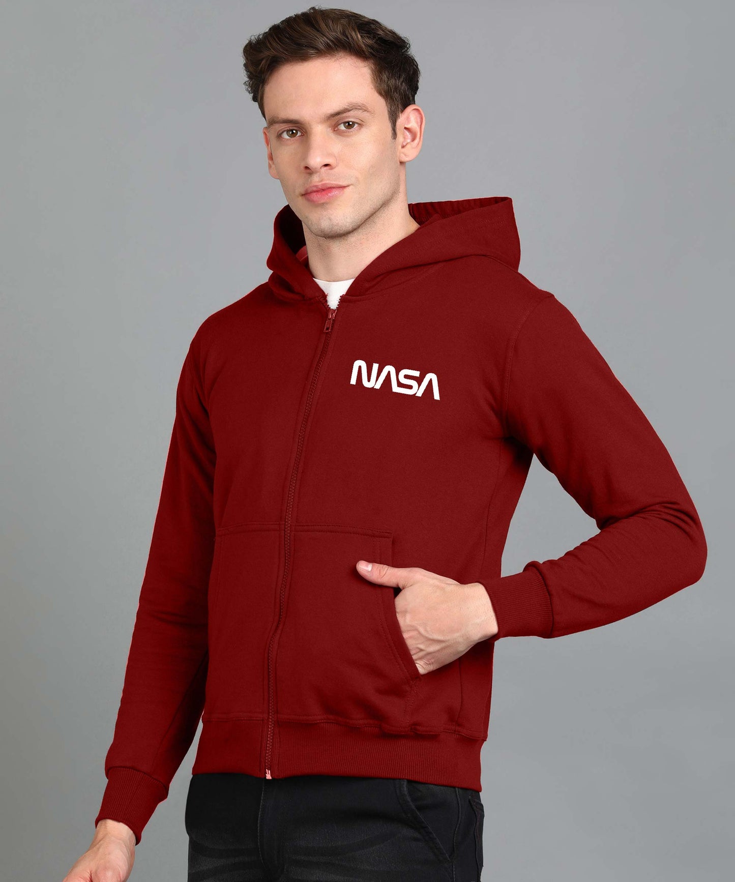 New Nasa Printed Men Winter Full Sleeve Zipper Hooded Hoodie with 2 Kangaroo Pockets