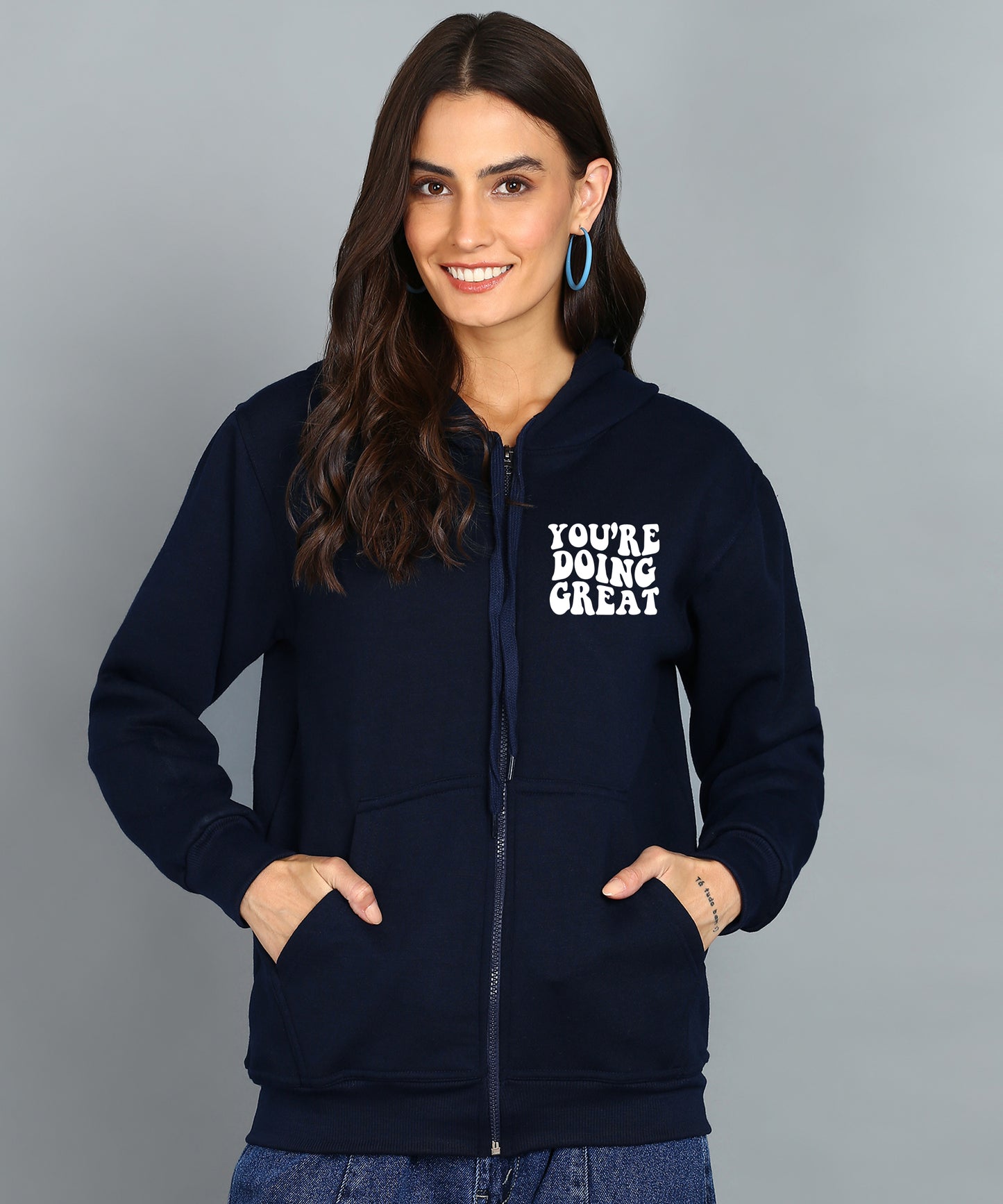Back Printed Women's Cotton Full Zipper Sweatshirt Hoodies with Kangaroo Pocket Winter Wear Hooded Neck Sweatshirt