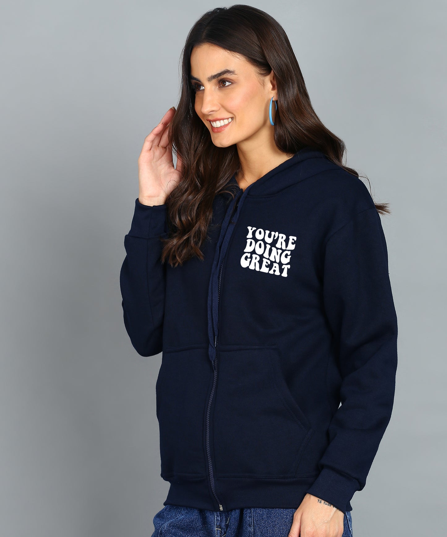 Back Printed Women's Cotton Full Zipper Sweatshirt Hoodies with Kangaroo Pocket Winter Wear Hooded Neck Sweatshirt