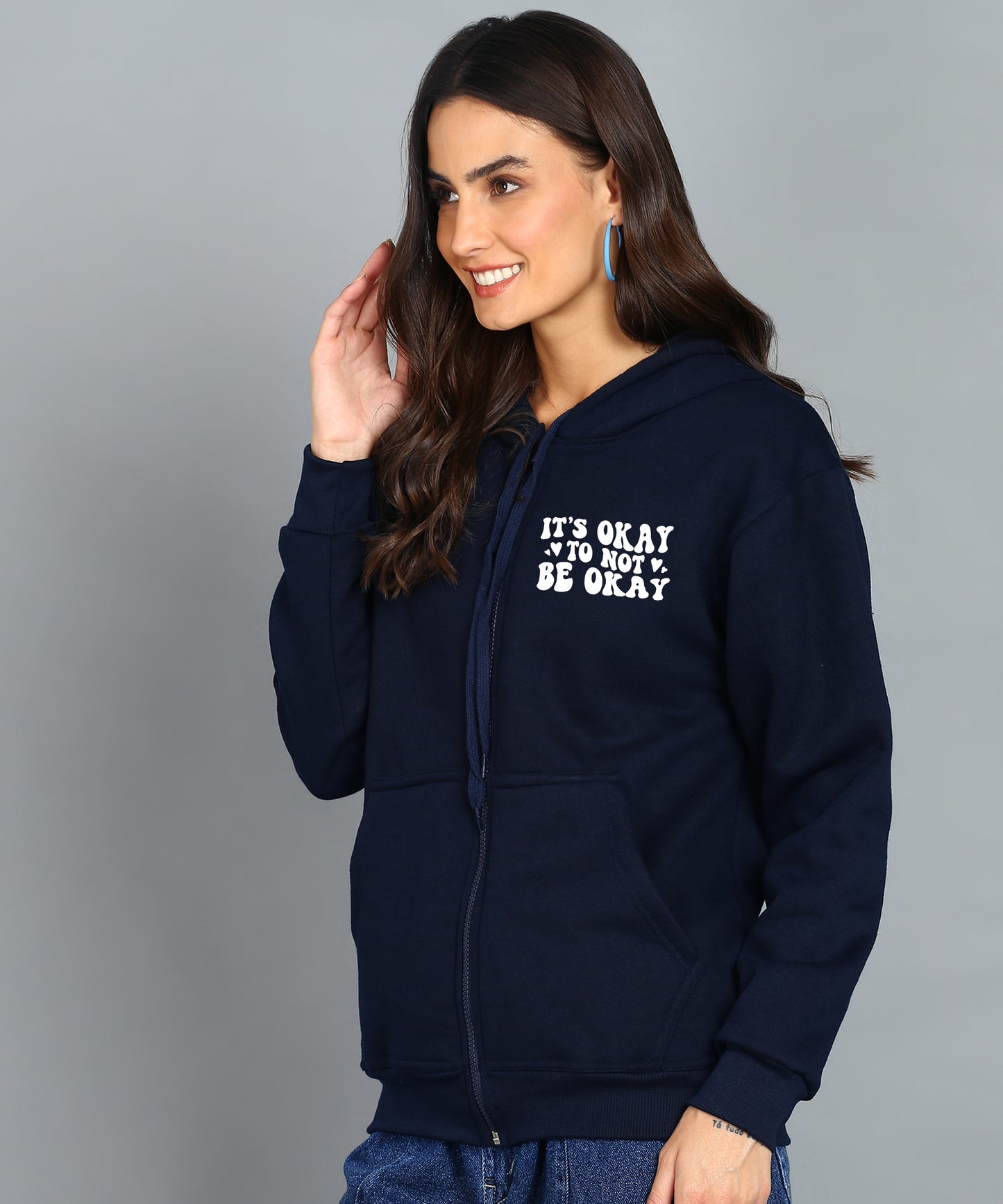 Back Printed Women's Cotton Full Zipper Sweatshirt Hoodies with Kangaroo Pocket Winter Wear Hooded Neck Sweatshirt