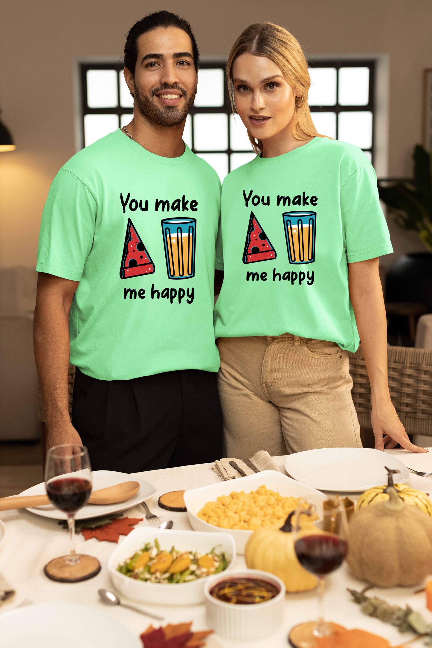 You Make Me Happy Printed Oversized Couple T-Shirts - Super Combed Cotton