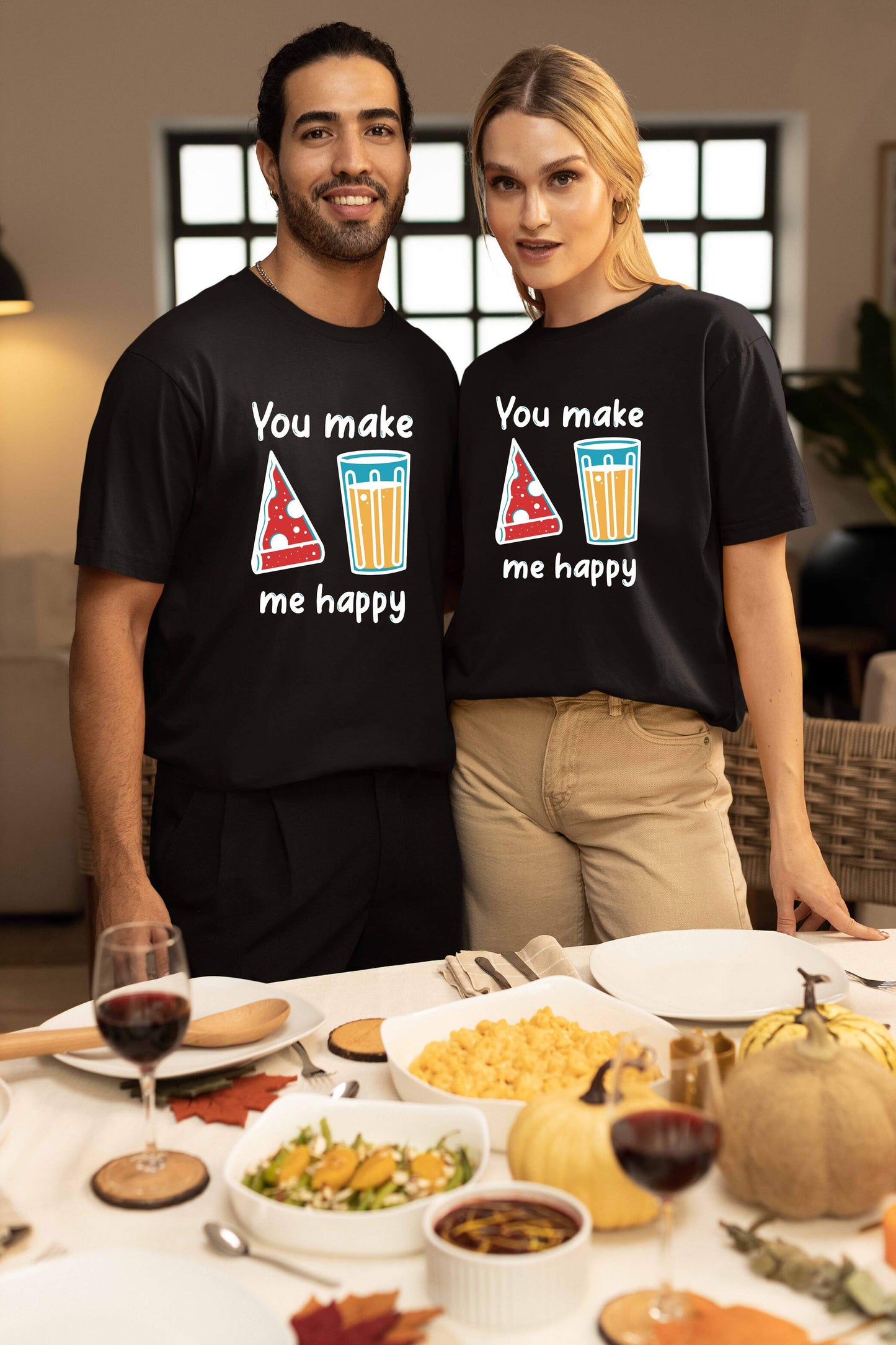 You Make Me Happy Printed Oversized Couple T-Shirts - Super Combed Cotton