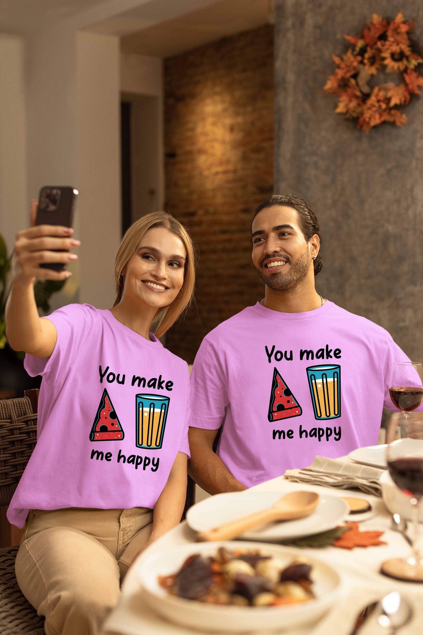 You Make Me Happy Printed Oversized Couple T-Shirts - Super Combed Cotton