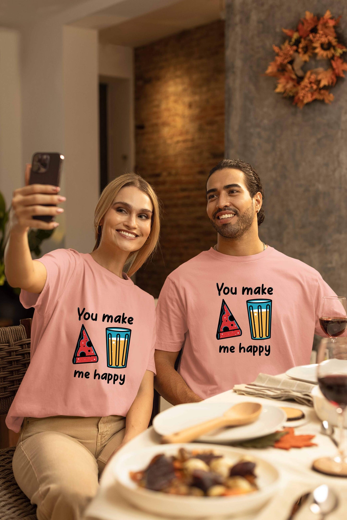 You Make Me Happy Printed Oversized Couple T-Shirts - Super Combed Cotton
