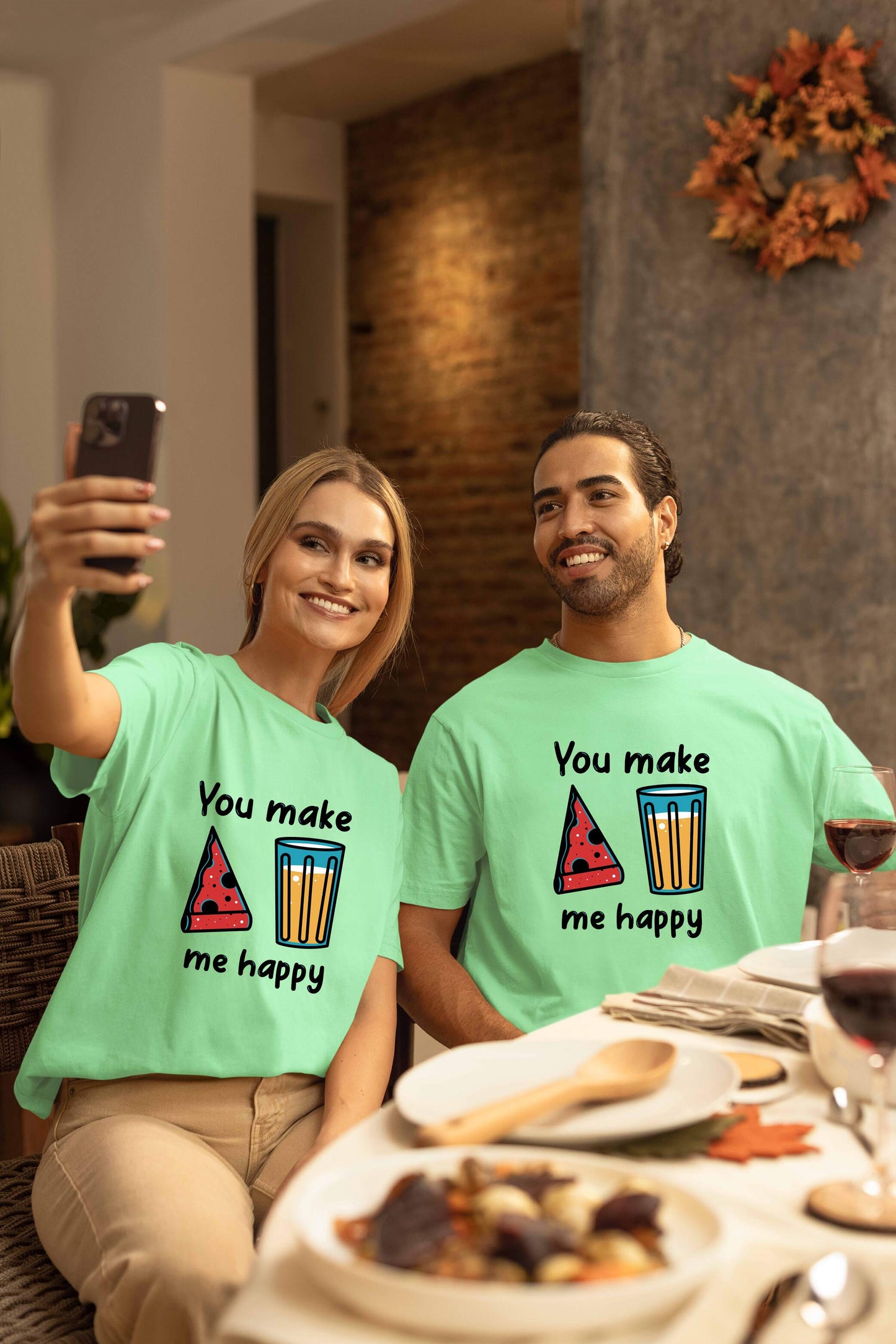 You Make Me Happy Printed Oversized Couple T-Shirts - Super Combed Cotton