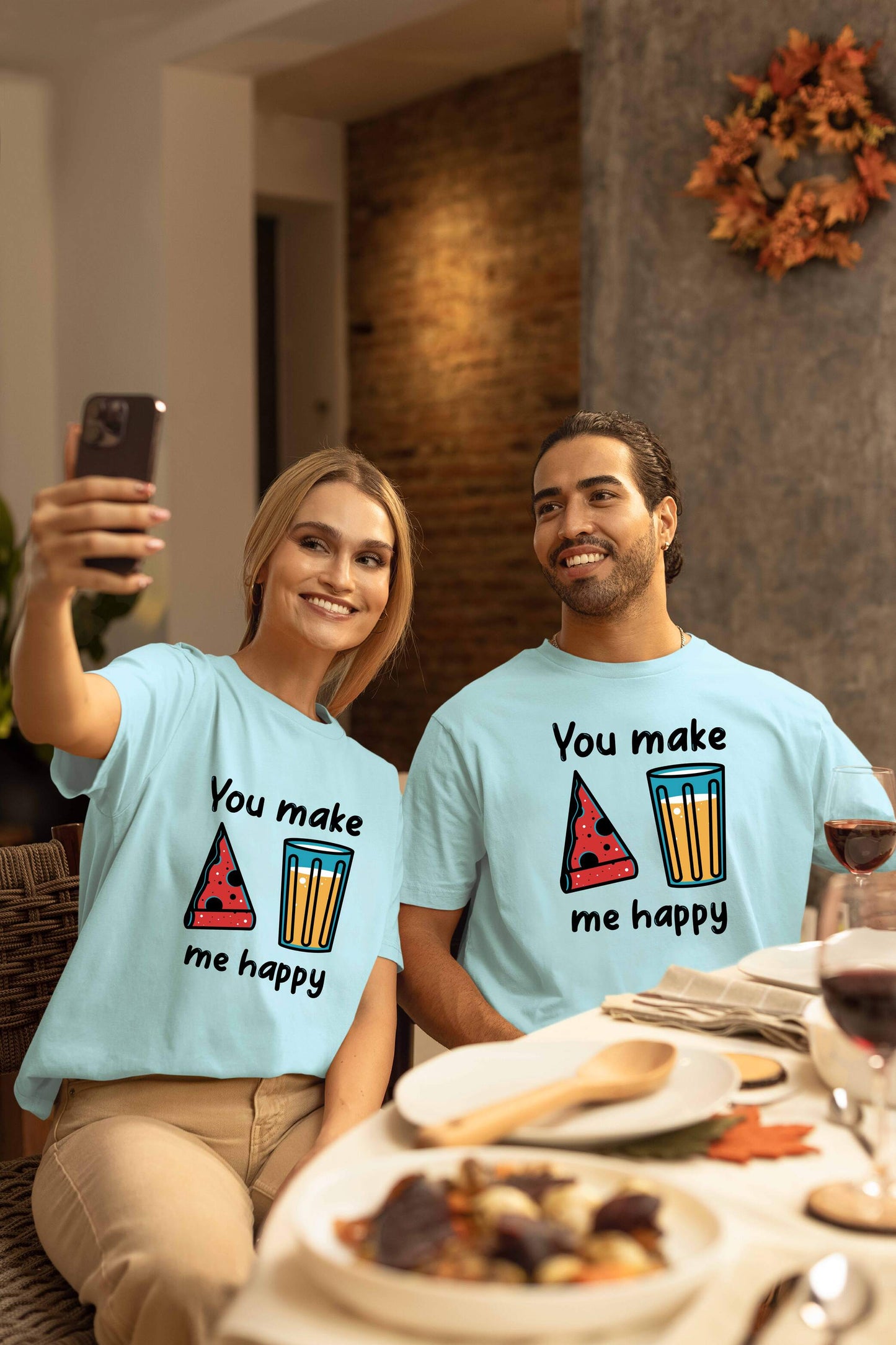 You Make Me Happy Printed Oversized Couple T-Shirts - Super Combed Cotton