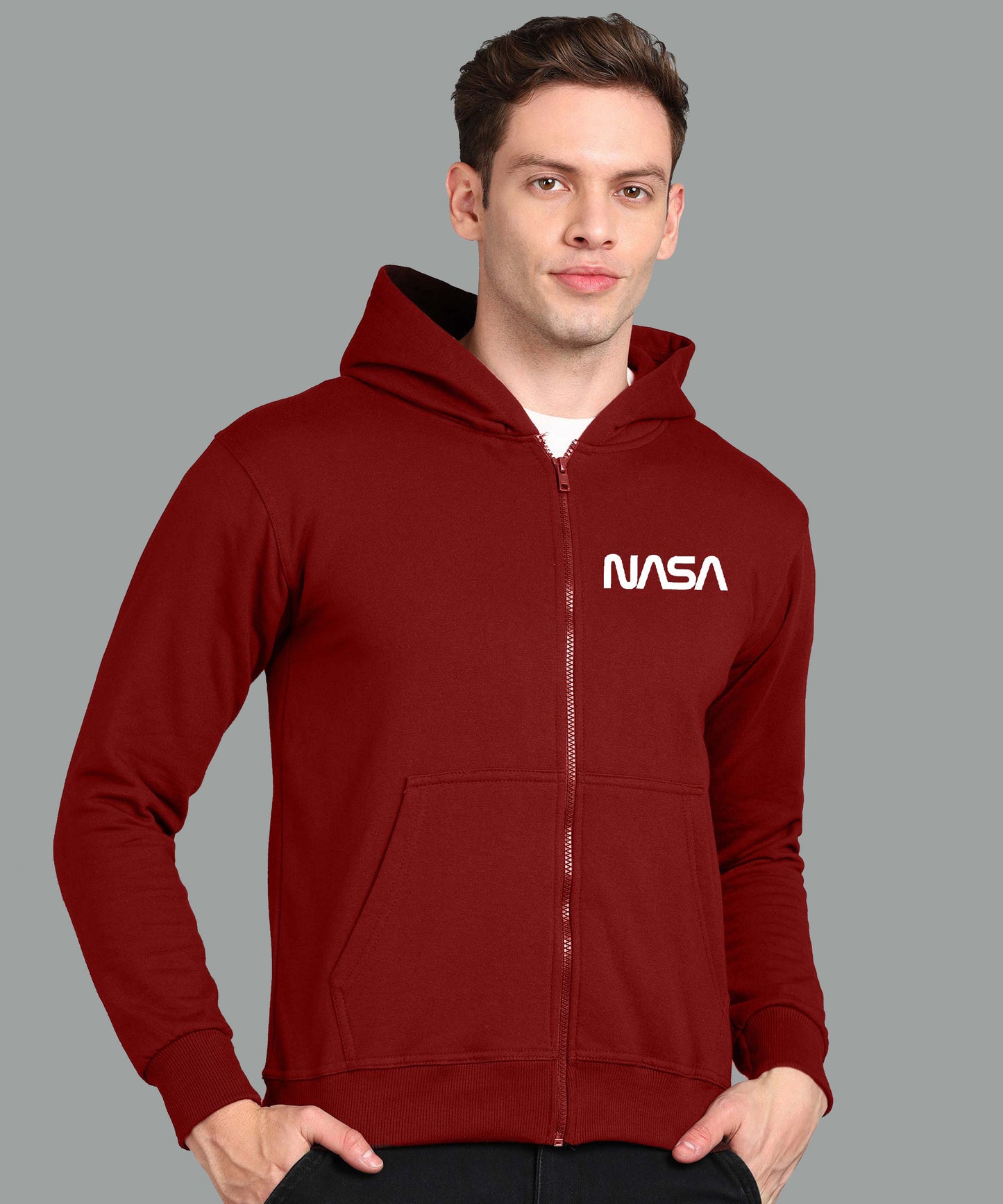 New Nasa Printed Men Winter Full Sleeve Zipper Hooded Hoodie with 2 Kangaroo Pockets