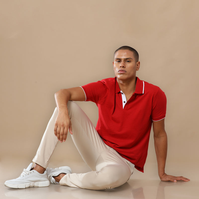 Sustainable Heather Red Men’s Premium Polo T-Shirt with White Tipping | Eco-Friendly Casual Wear
