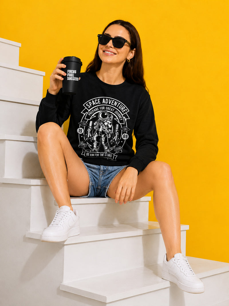 Space Adventure Printed Women’s Cozy & Stylish Full Sleeve Pastel Colour Sweatshirt