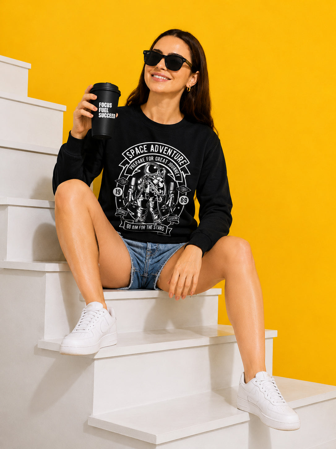 Space Adventure Printed Women’s Cozy & Stylish Full Sleeve Pastel Colour Sweatshirt