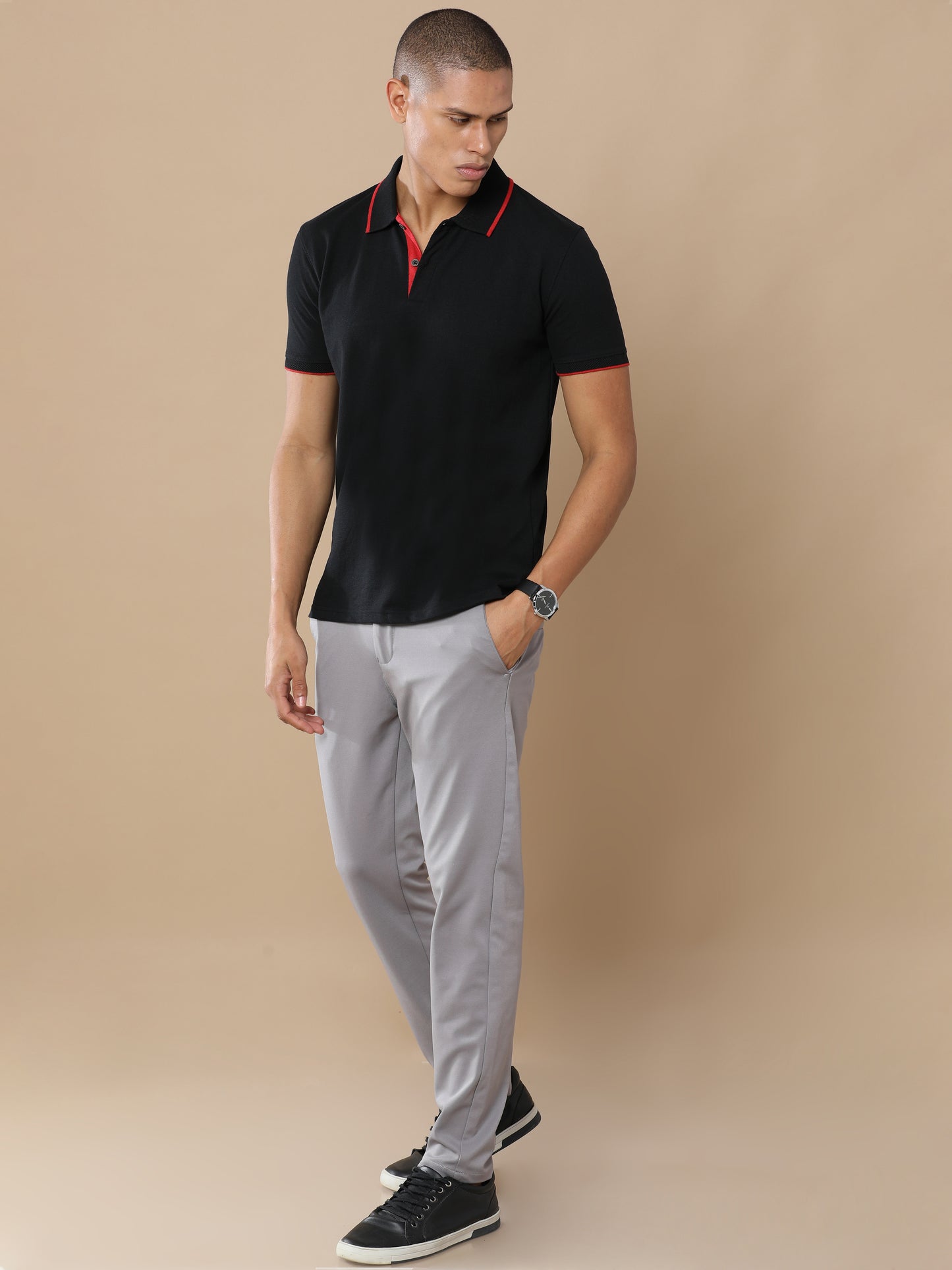 Men’s Sustainable Classic Black Polo T-Shirt with Red Tipping