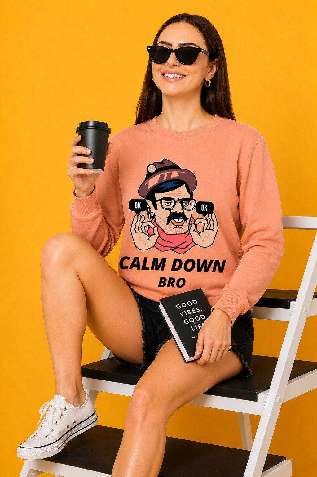 Calm Down Bro Printed Women’s Cozy & Stylish Full Sleeve Pastel Colour Sweatshirt