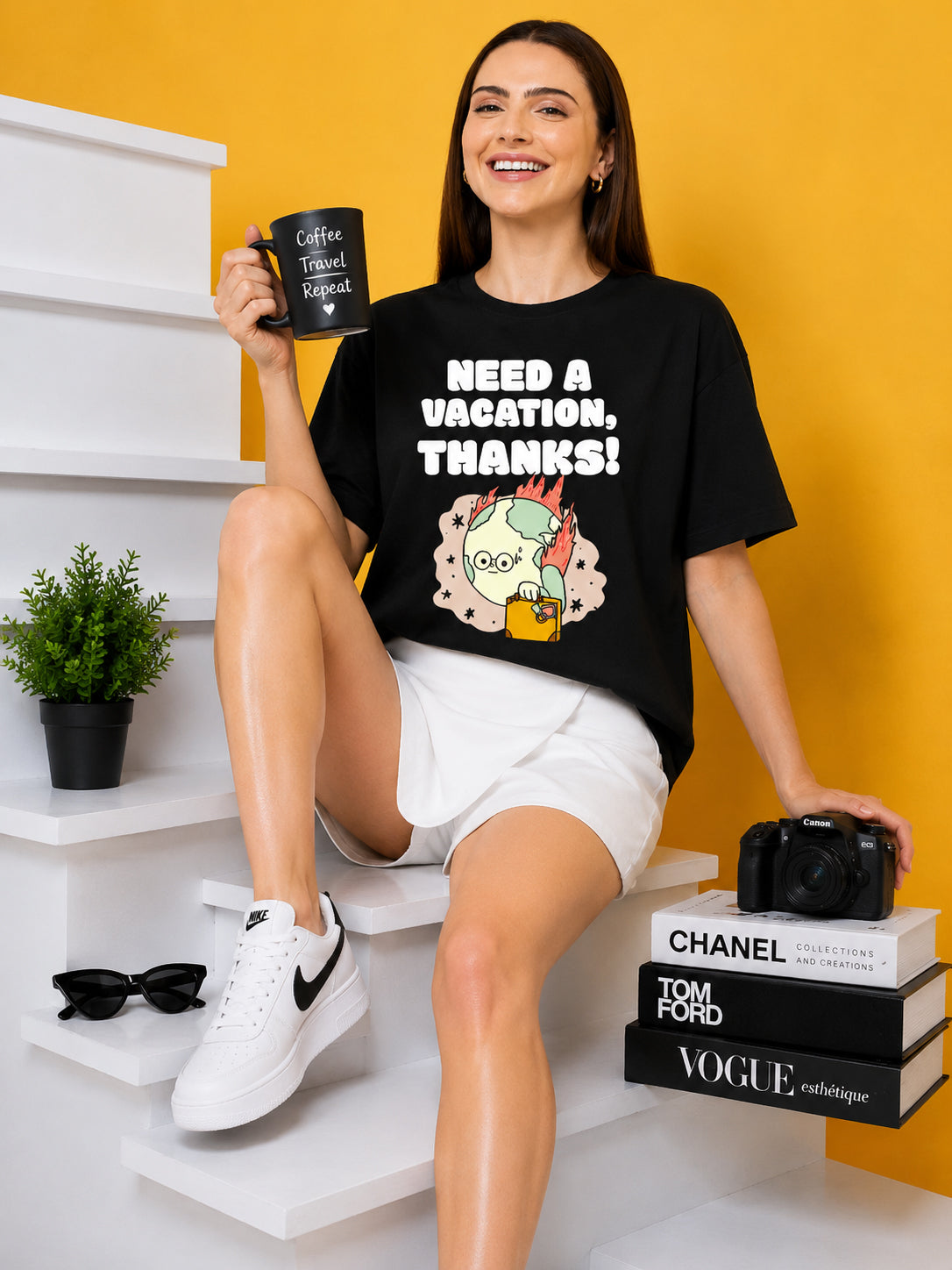 Need A Vacation Thanks Printed Oversized Baggy Loose Fit T-Shirt