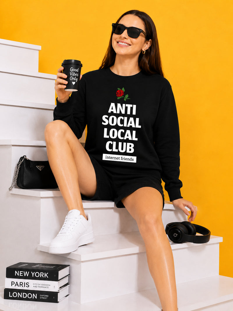 Anti Social Local Club Printed Women’s Cozy & Stylish Full Sleeve Pastel Colour Sweatshirt