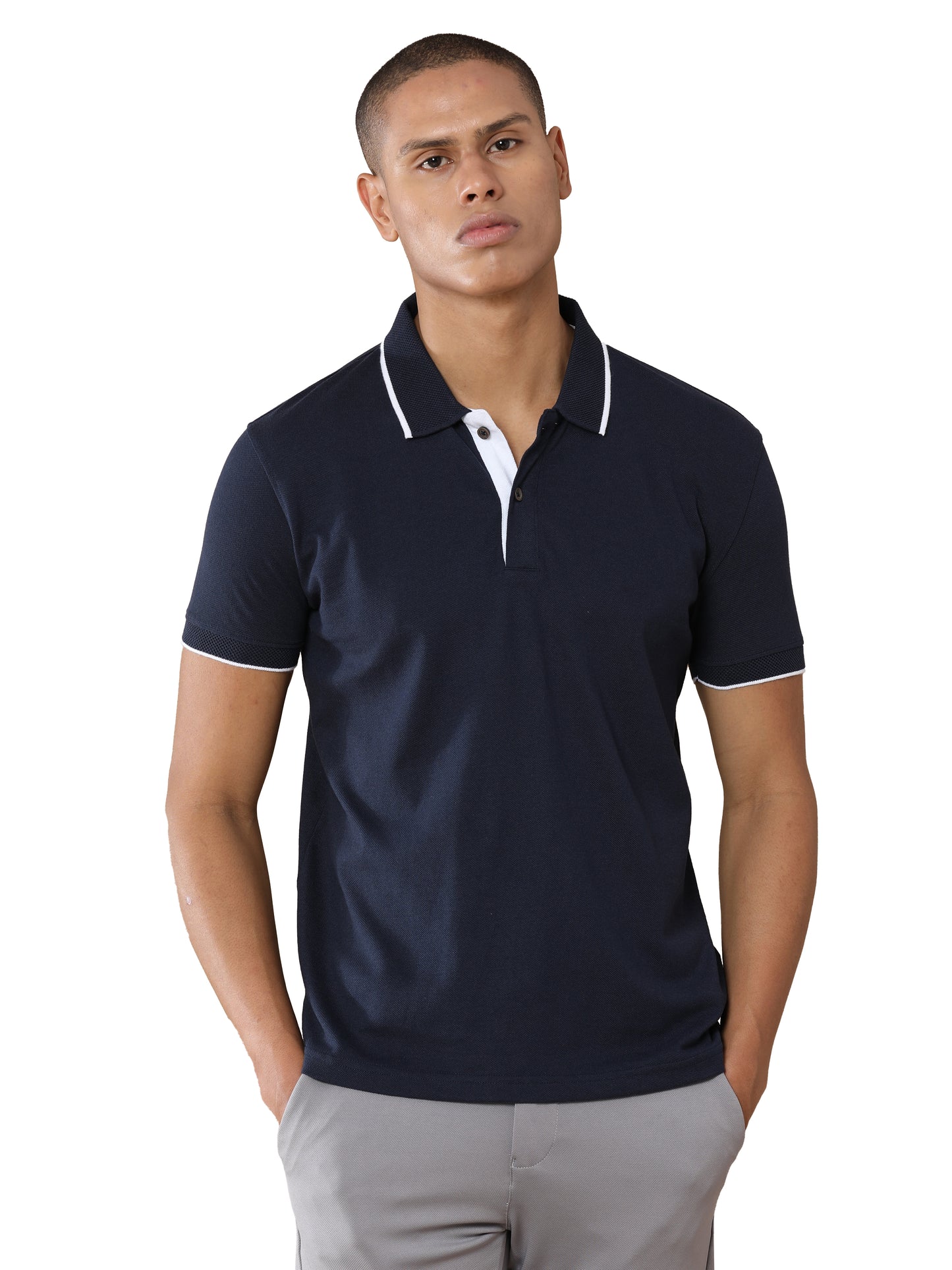 Sustainable Midnight Navy Blue Premium Polo T-Shirt with White Tipping
