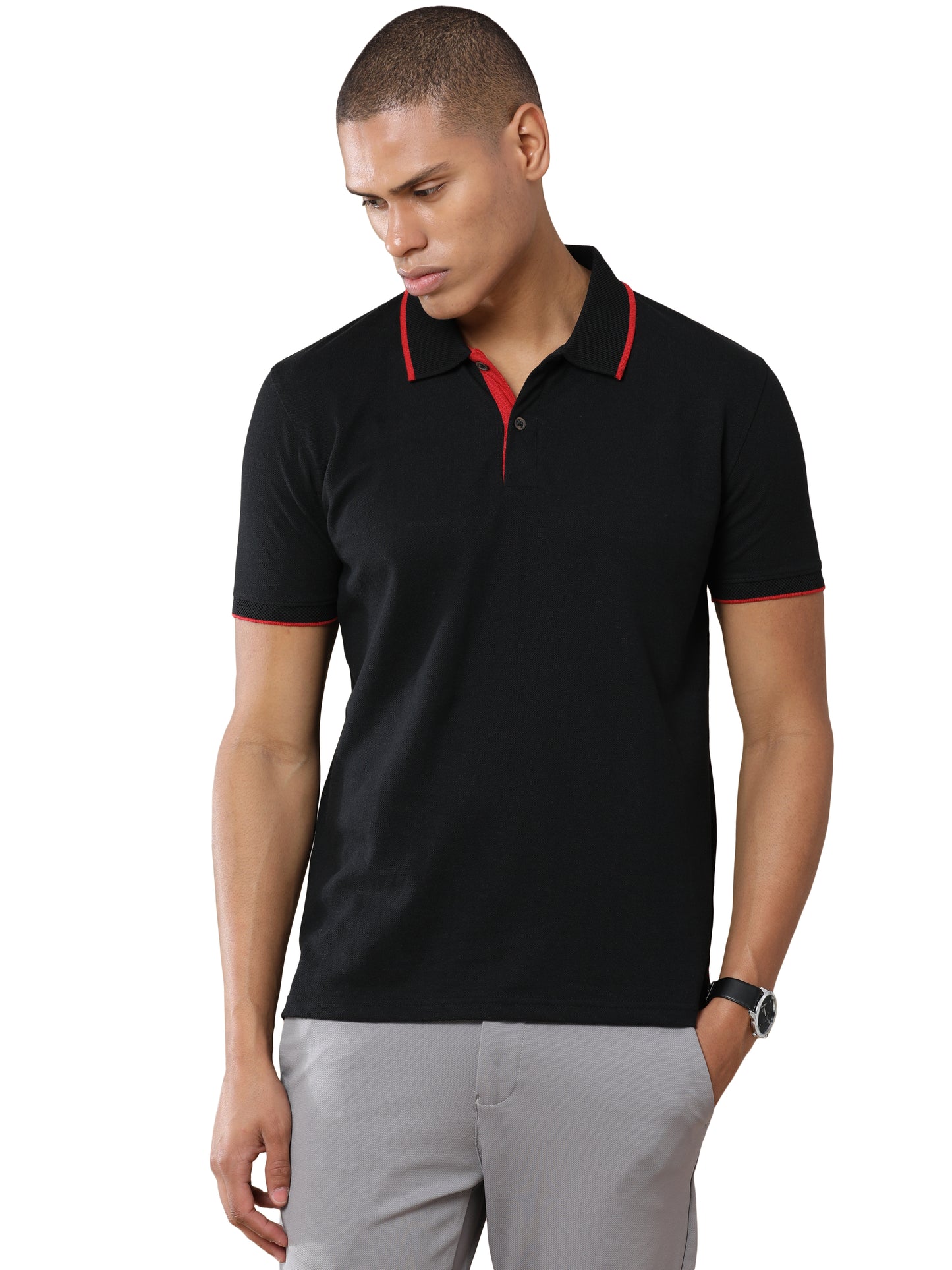 Men’s Sustainable Classic Black Polo T-Shirt with Red Tipping